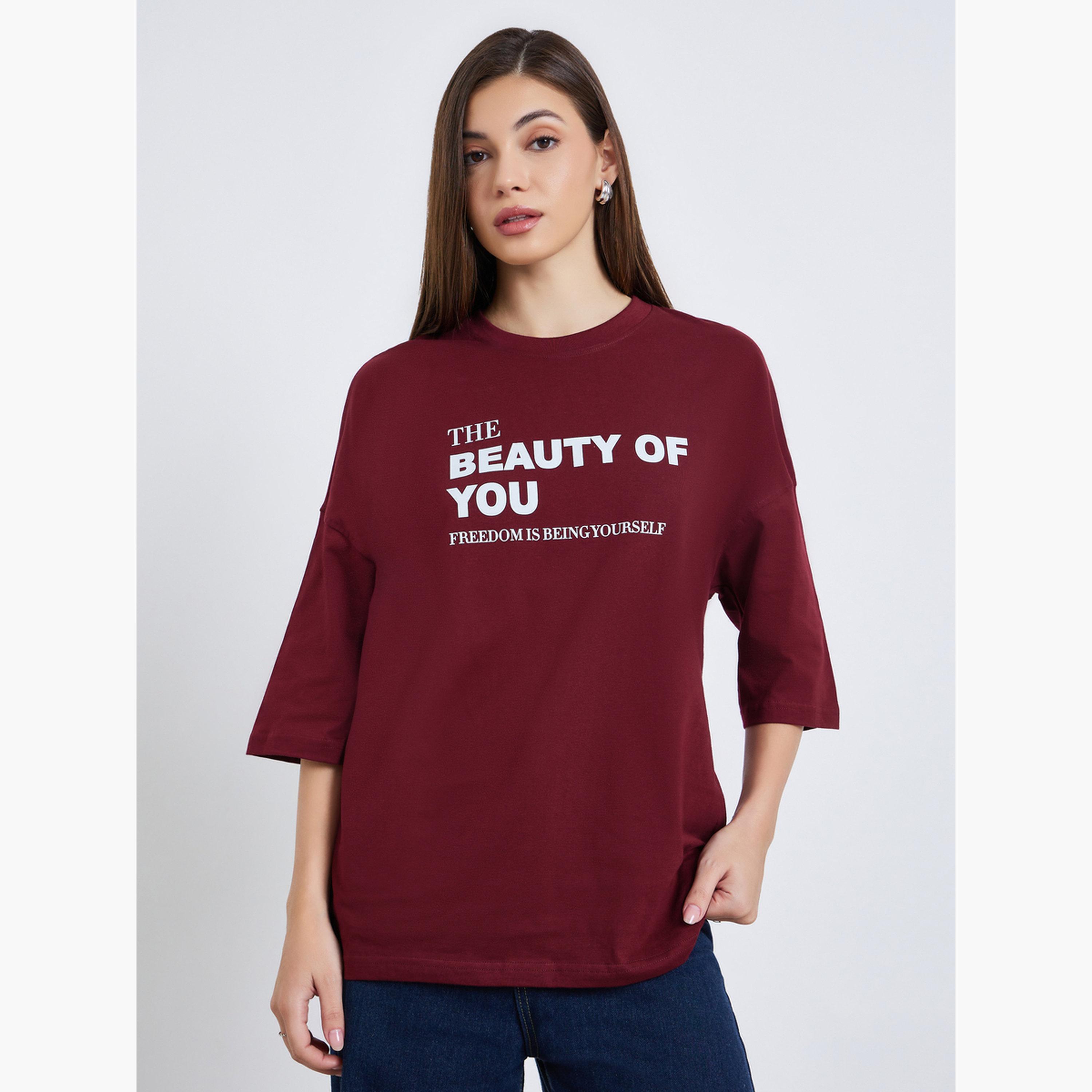 Styli Women Burgundy Slogan Oversized T-Shirt-women-clothing-tshirts-image-1