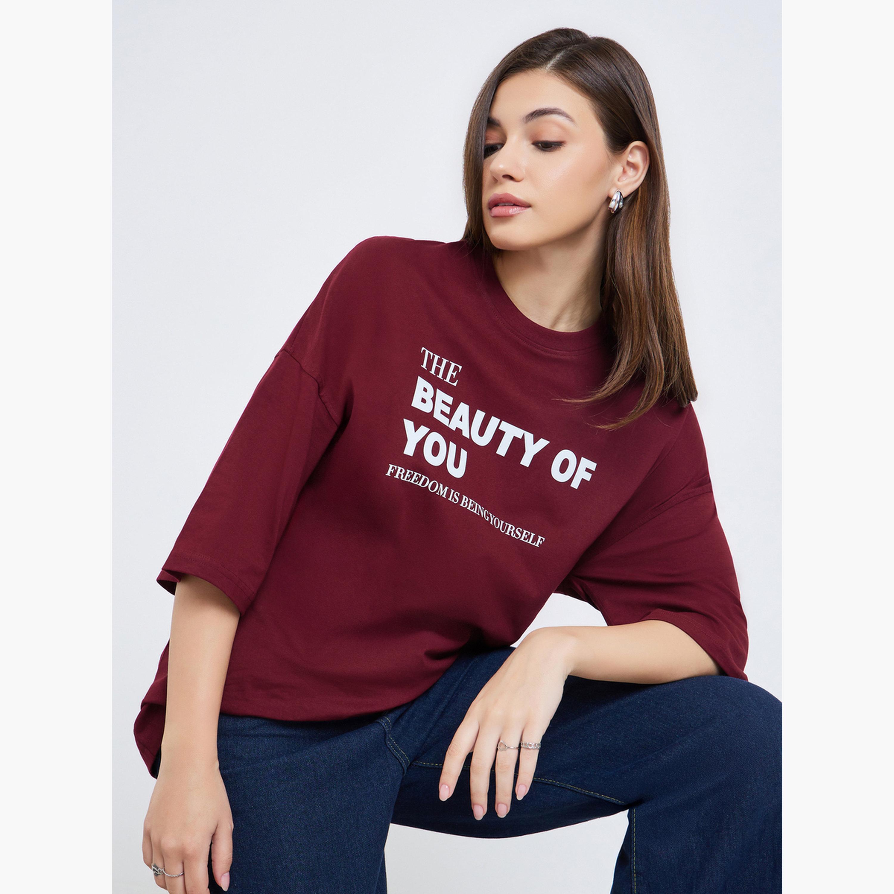 Styli Women Burgundy Slogan Oversized T-Shirt-women-clothing-tshirts-image-3