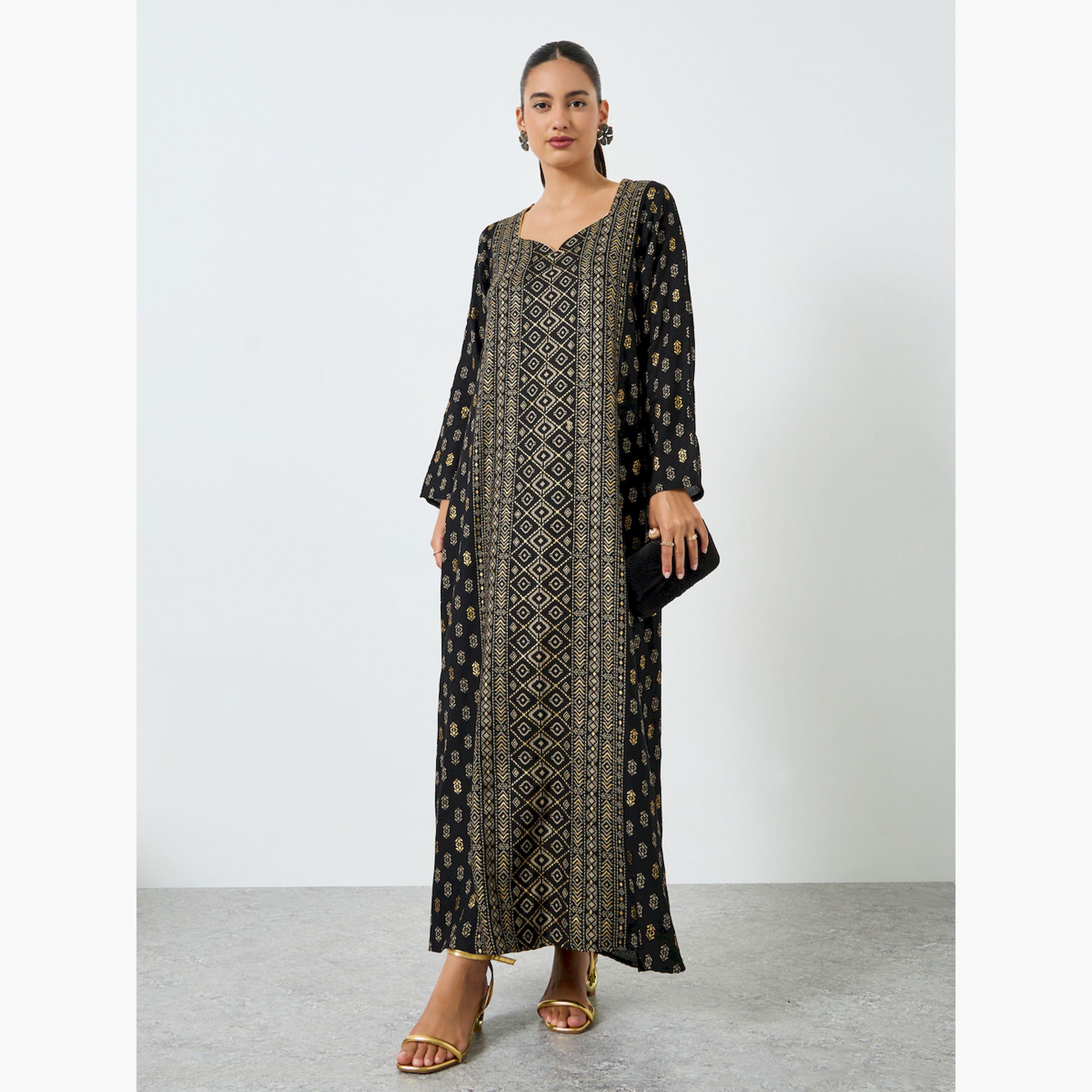 Styli Black Foil Printed A-Line Jalabiya-women-arabicclothing-jalabiyas-image-1
