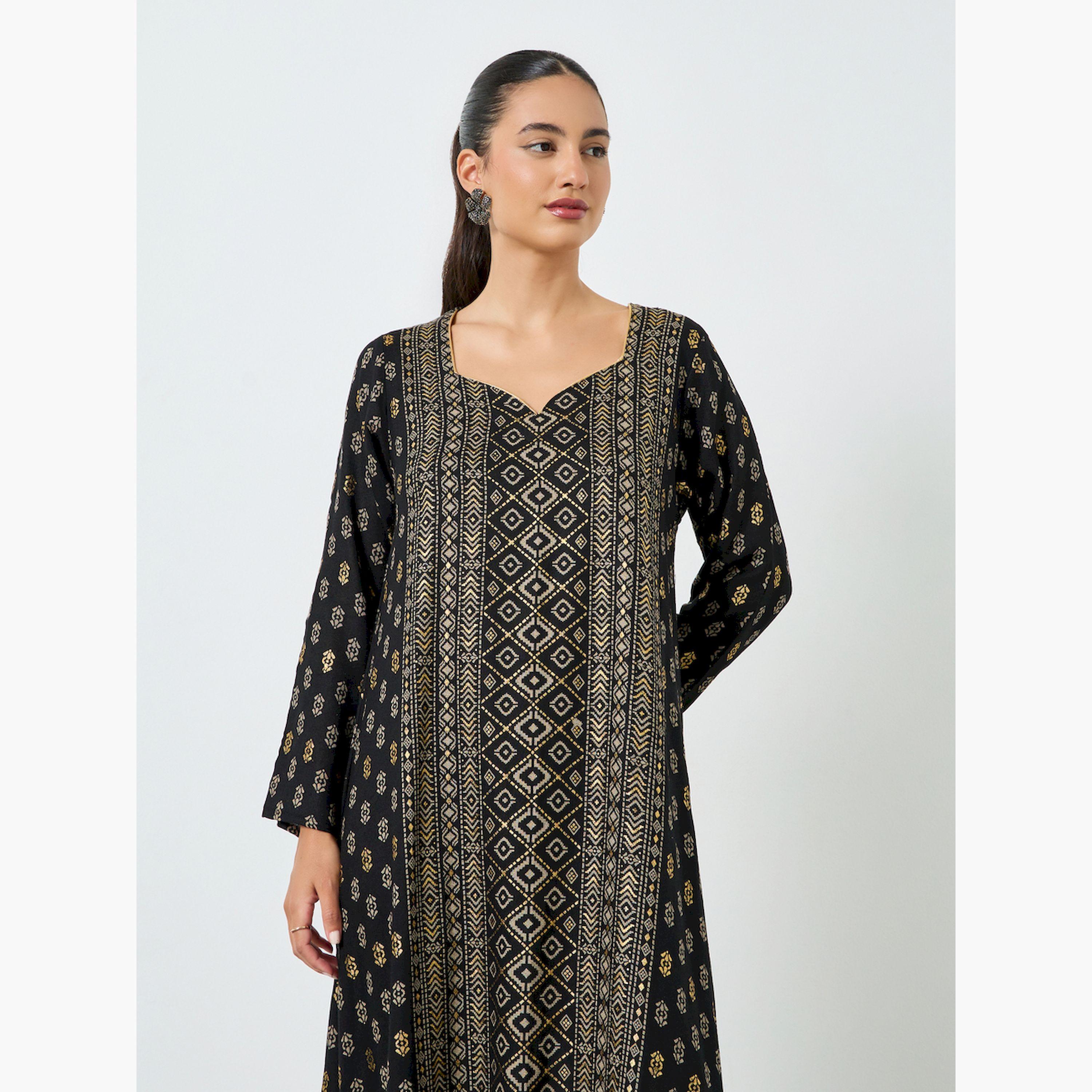 Styli Black Foil Printed A-Line Jalabiya-women-arabicclothing-jalabiyas-image-2