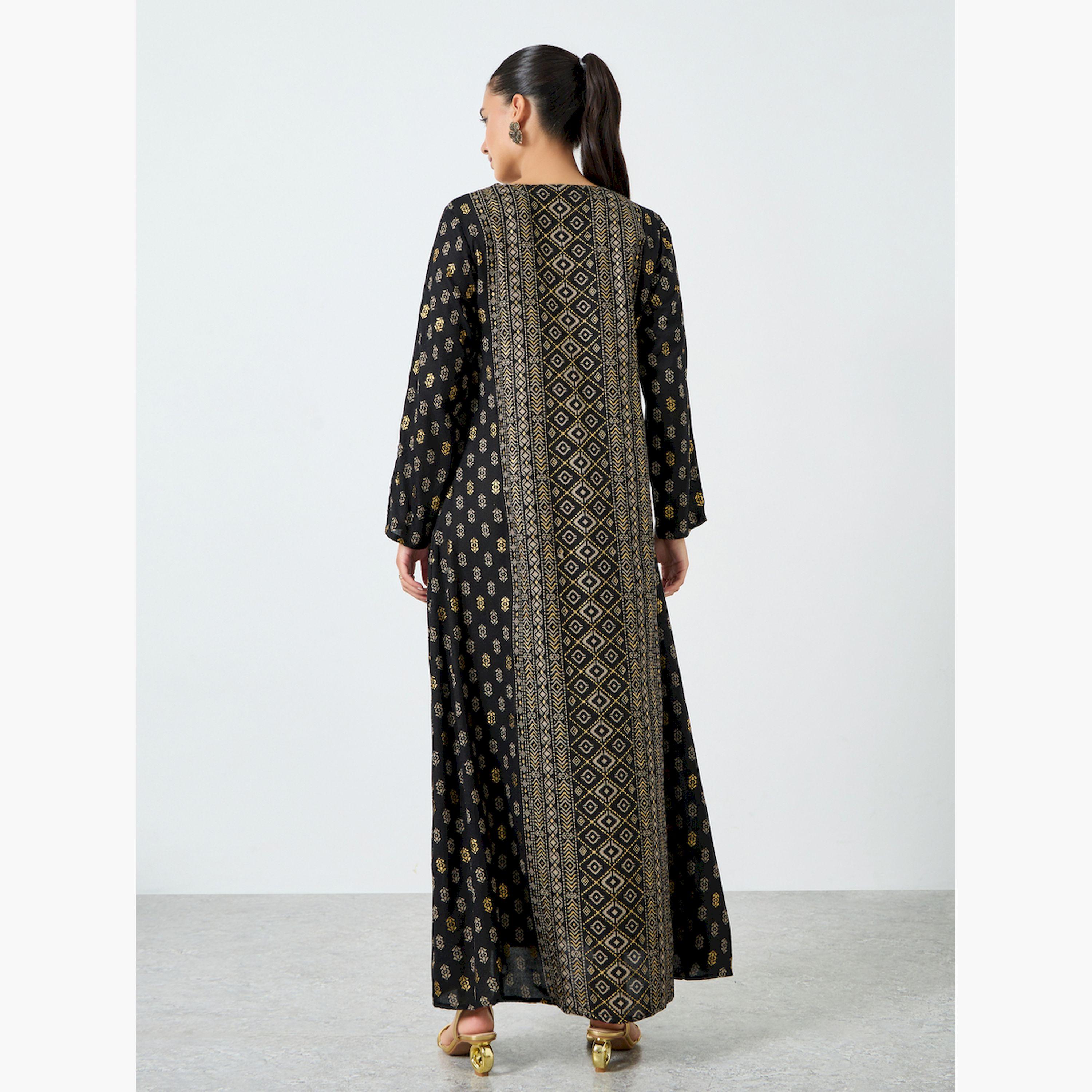 Styli Black Foil Printed A-Line Jalabiya-women-arabicclothing-jalabiyas-image-5