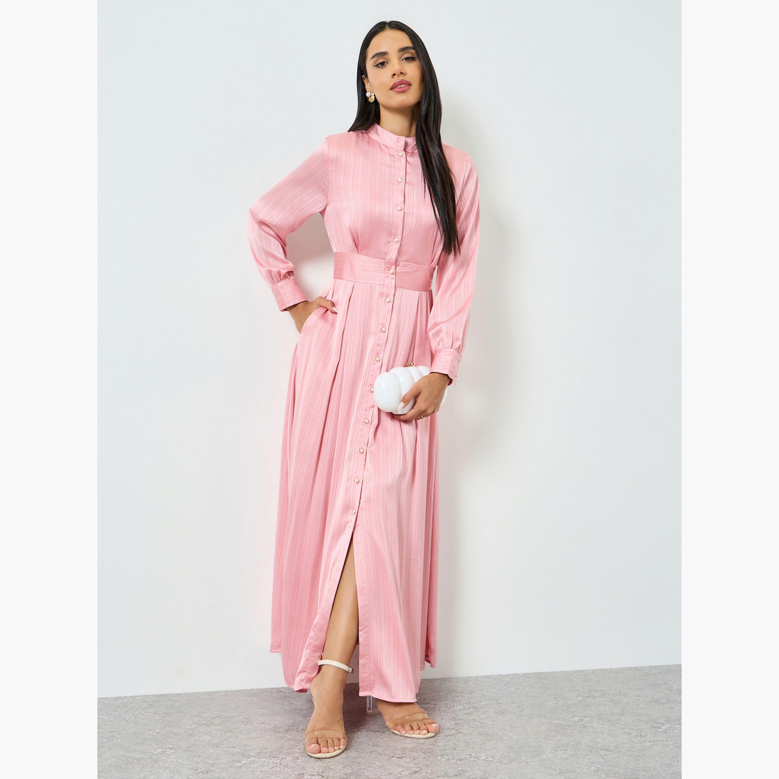فستان طويل وردي بنمط قميص وأكمام طويلة-women-clothing-dresses-image-1