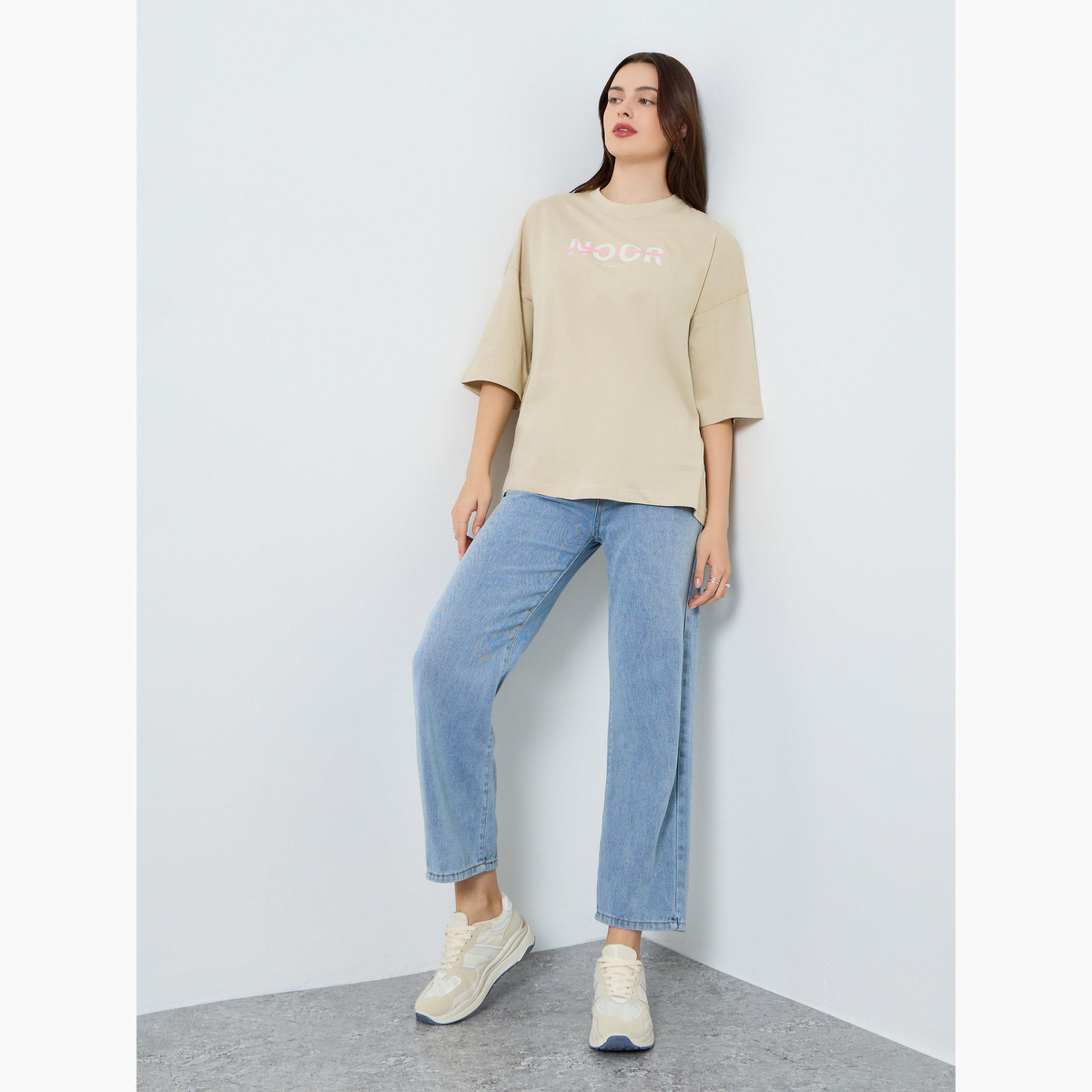 Styli Women Beige Slogan Print Oversized T-Shirt-women-clothing-tshirts-image-2