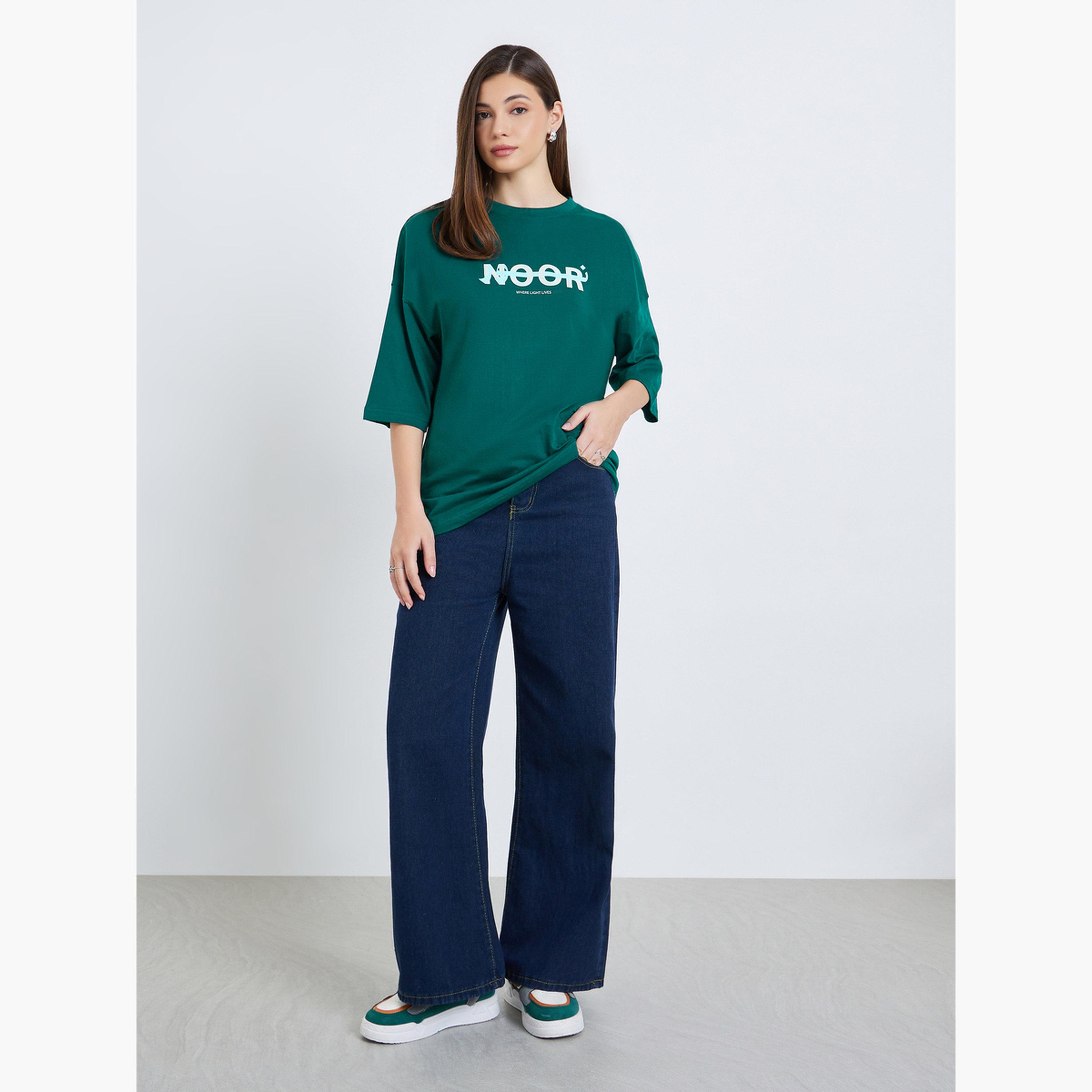 Styli Women Dark Green Slogan Print Oversized T-Shirt-women-clothing-tshirts-image-2
