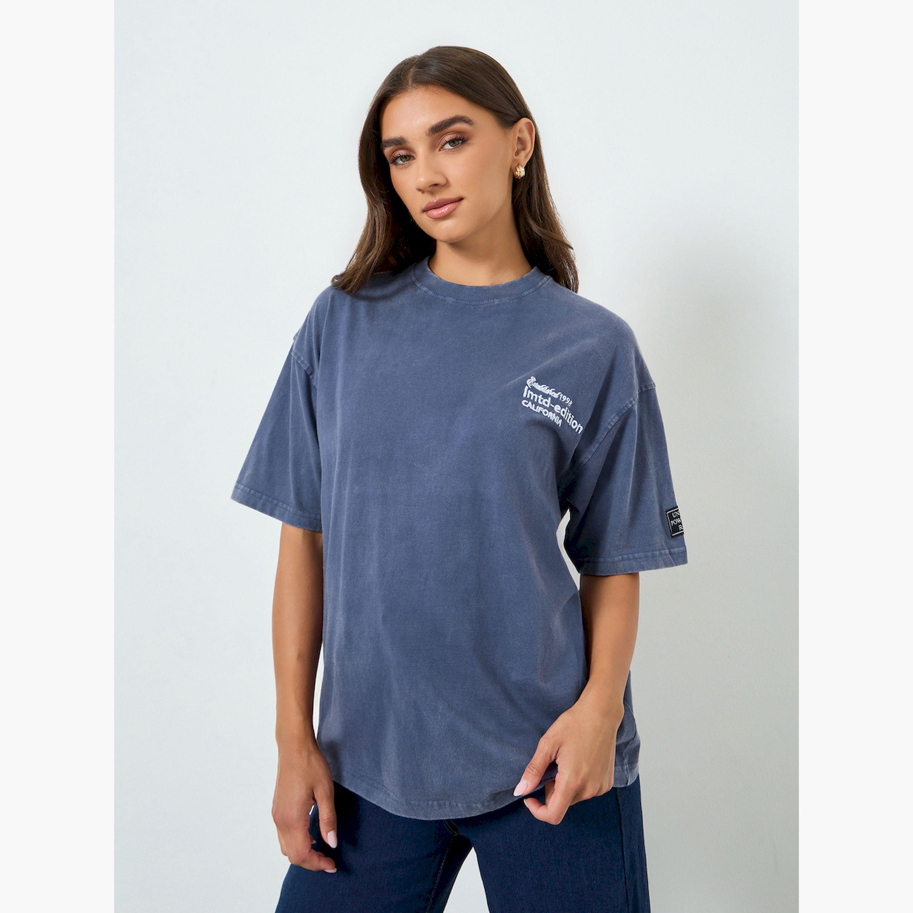 Styli Women Blue Acid Wash Oversized Slogan T-Shirt-women-clothing-tshirts-image-1