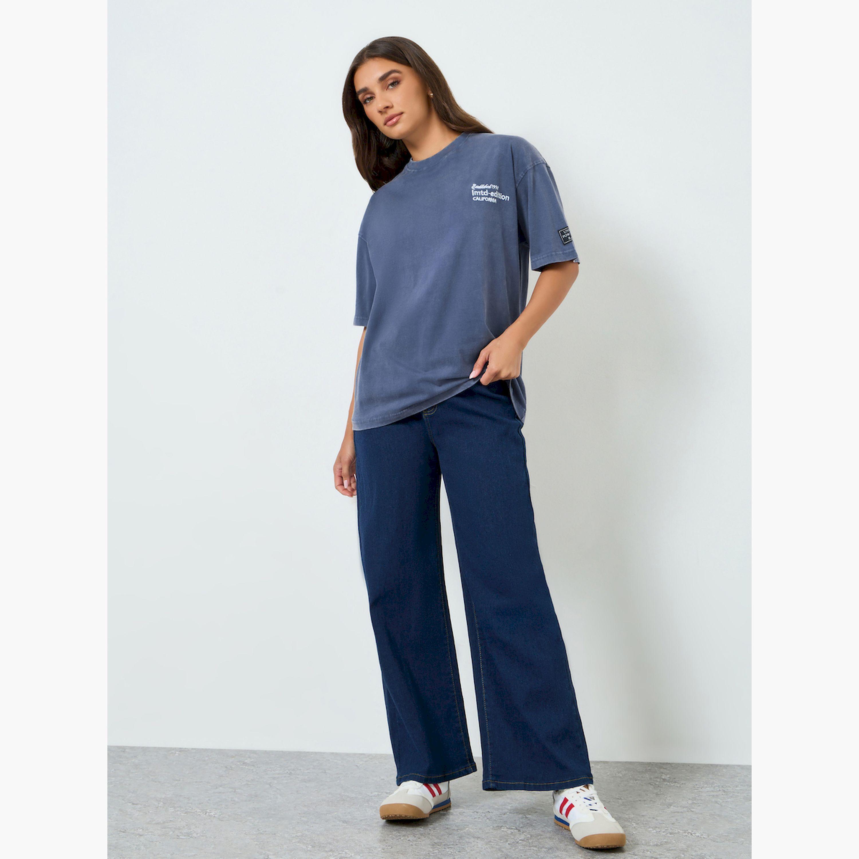 Styli Women Blue Acid Wash Oversized Slogan T-Shirt-women-clothing-tshirts-image-2