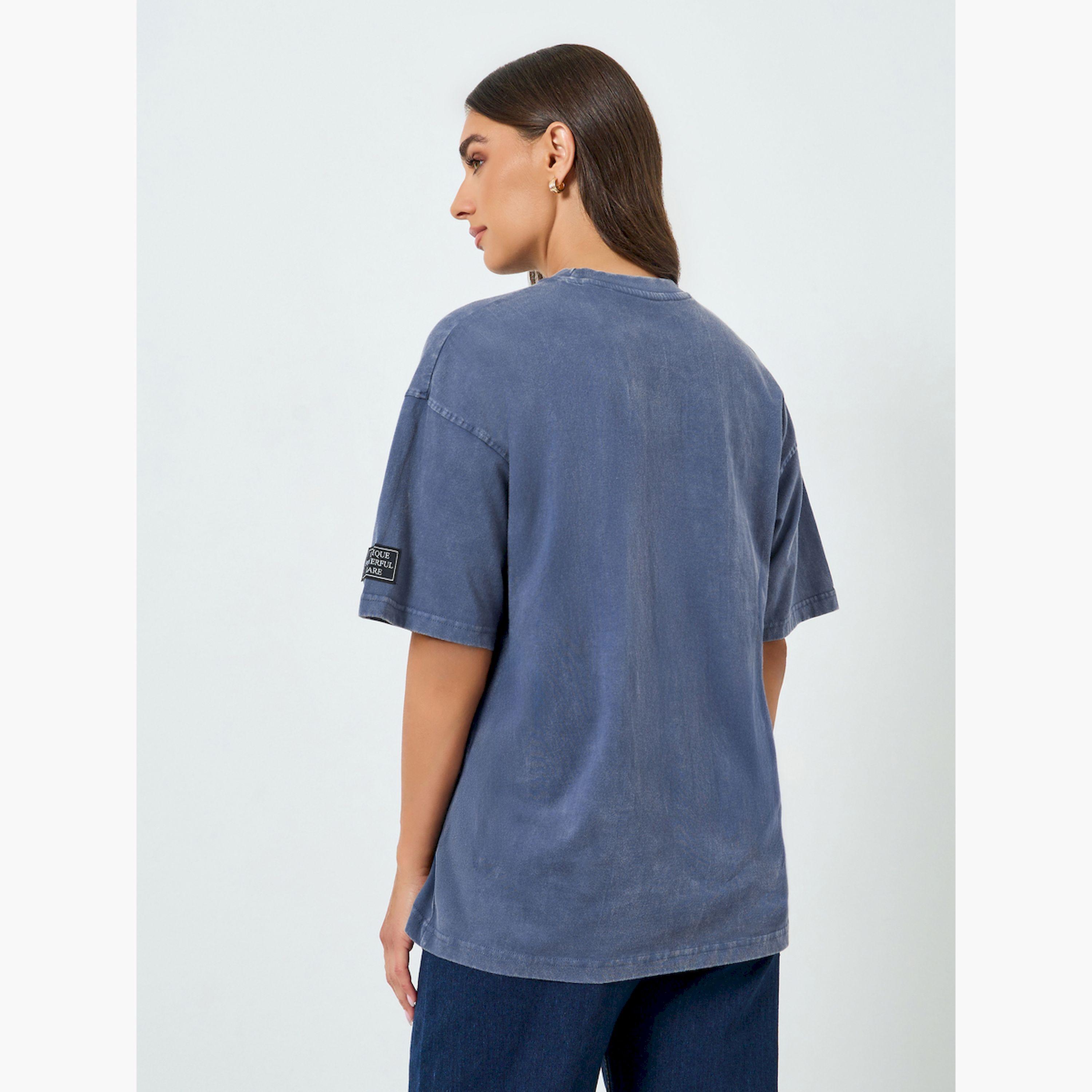 Styli Women Blue Acid Wash Oversized Slogan T-Shirt-women-clothing-tshirts-image-4
