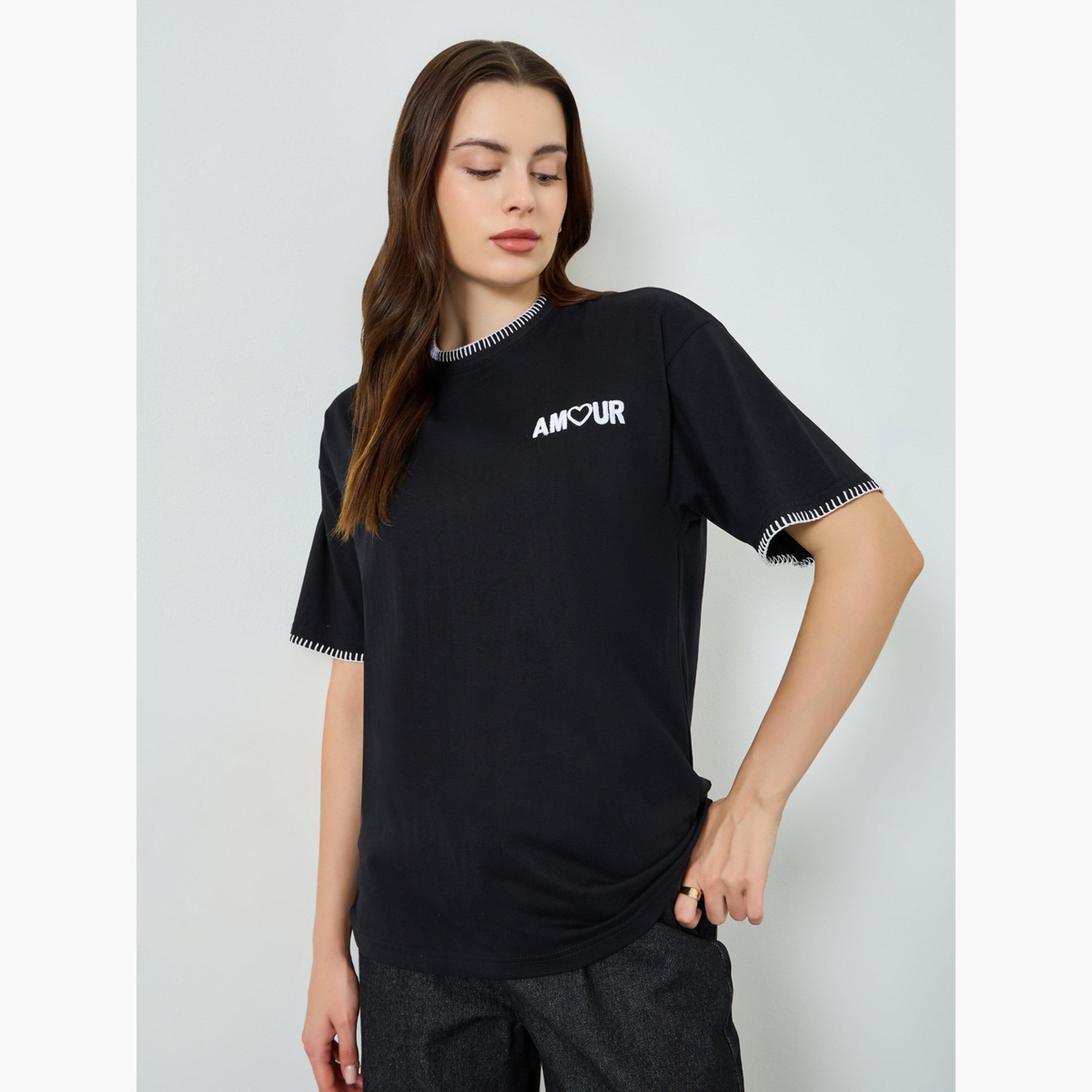Styli Women Black Oversized Embroidered T-Shirt-women-clothing-tshirts-image-1