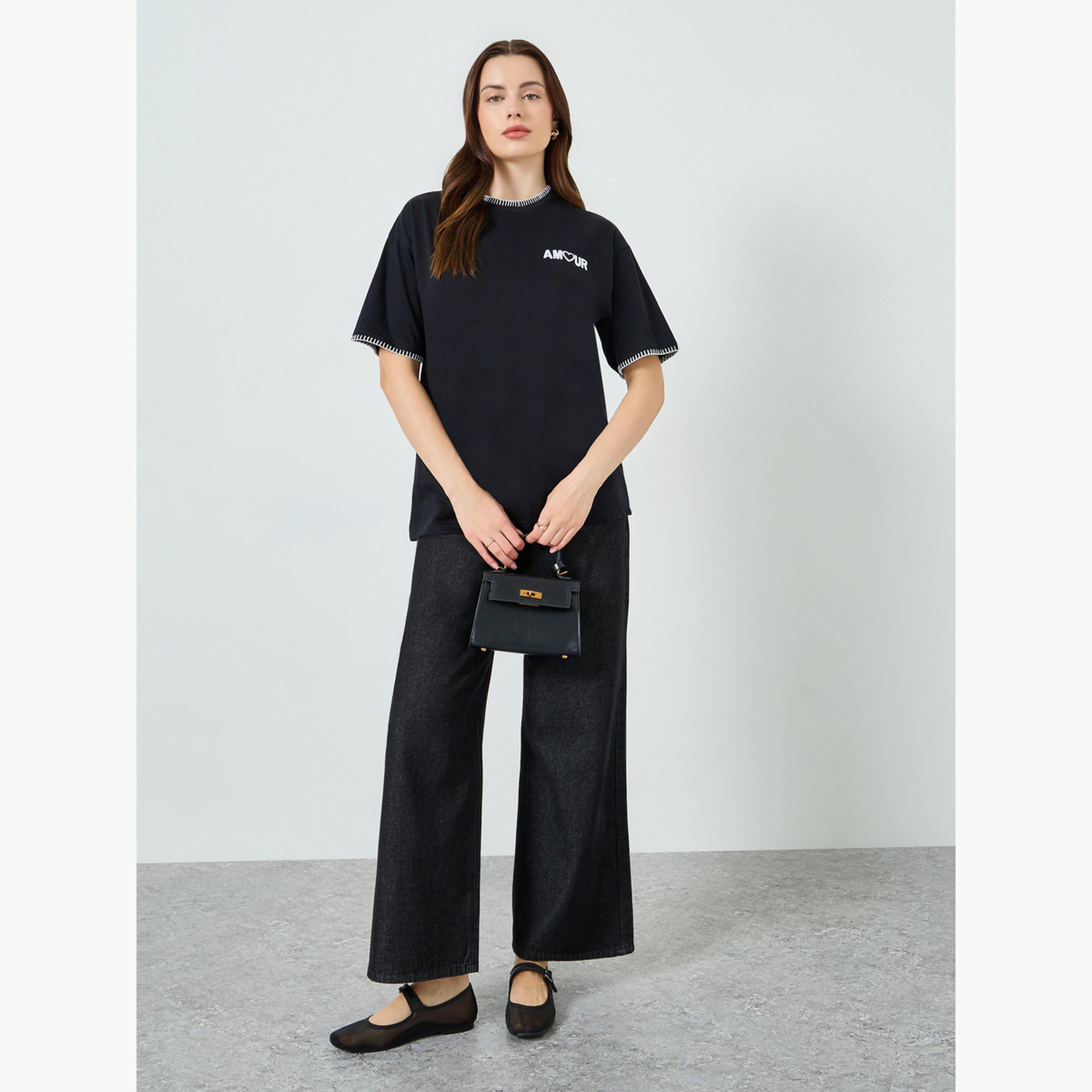 Styli Women Black Oversized Embroidered T-Shirt-women-clothing-tshirts-image-2