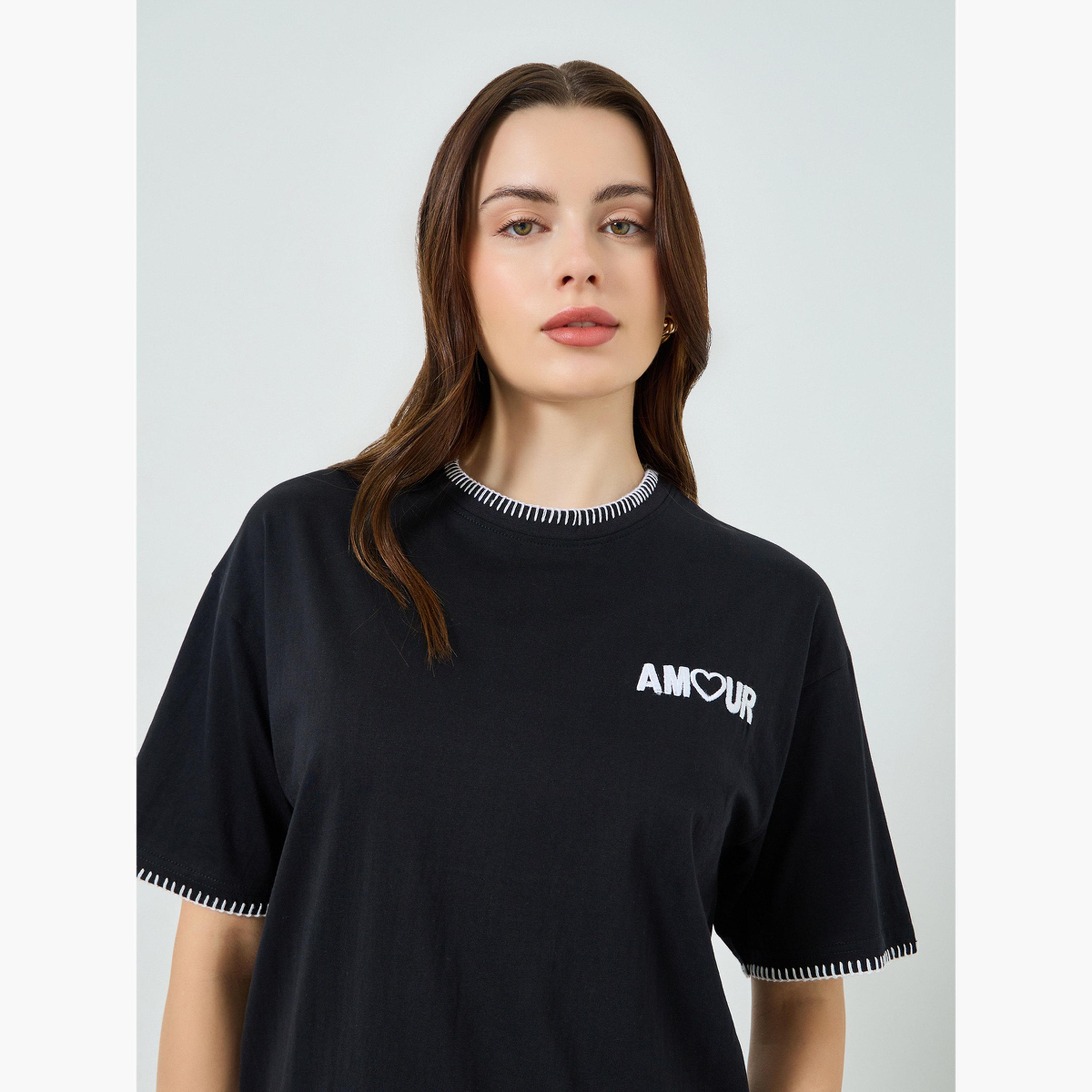 Styli Women Black Oversized Embroidered T-Shirt-women-clothing-tshirts-image-3