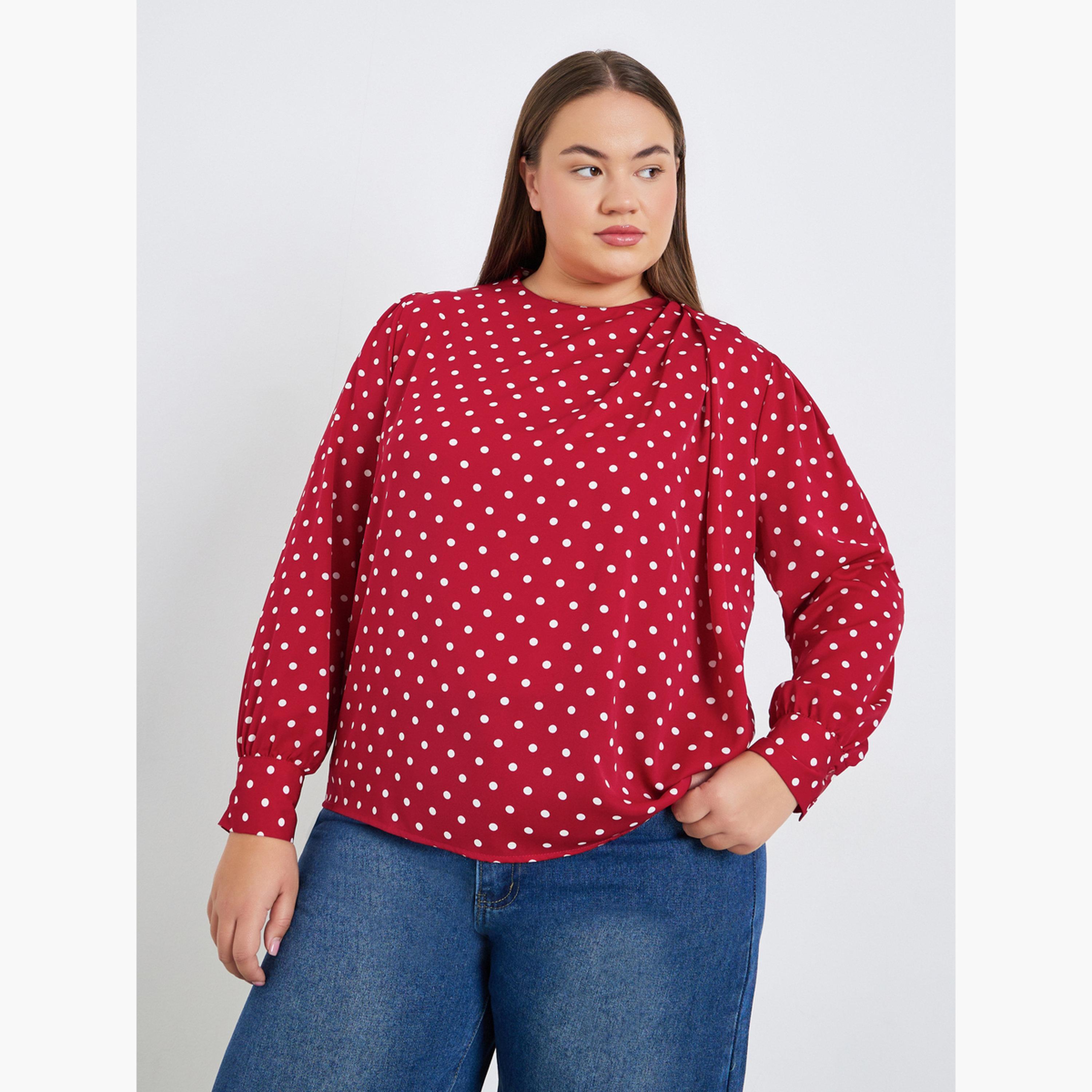 بلوزة بمقاس كبير وياقة عالية وطبعة بولكا-women-clothing-shirtsandblouses-blouses-image-1