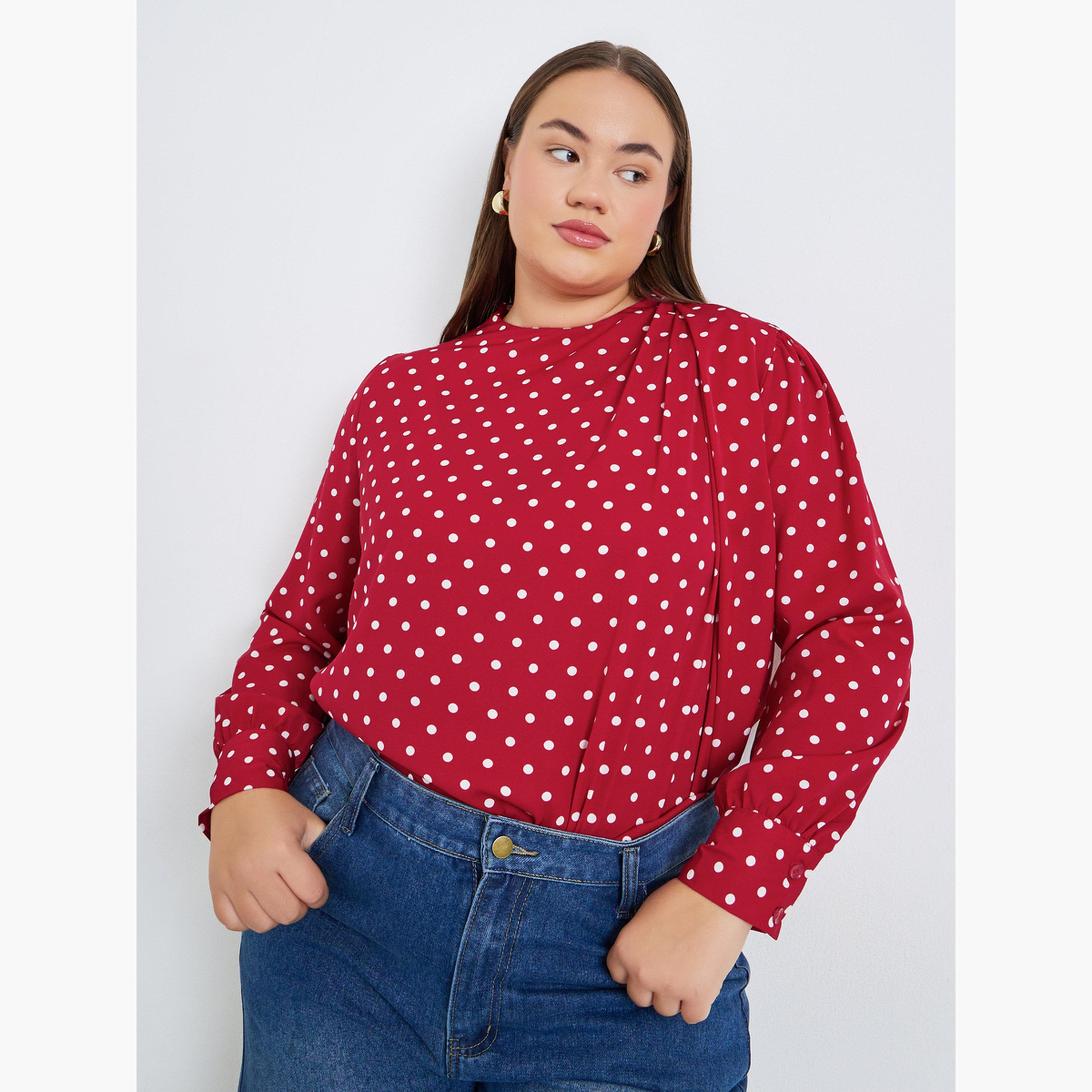 بلوزة بمقاس كبير وياقة عالية وطبعة بولكا-women-clothing-shirtsandblouses-blouses-image-3