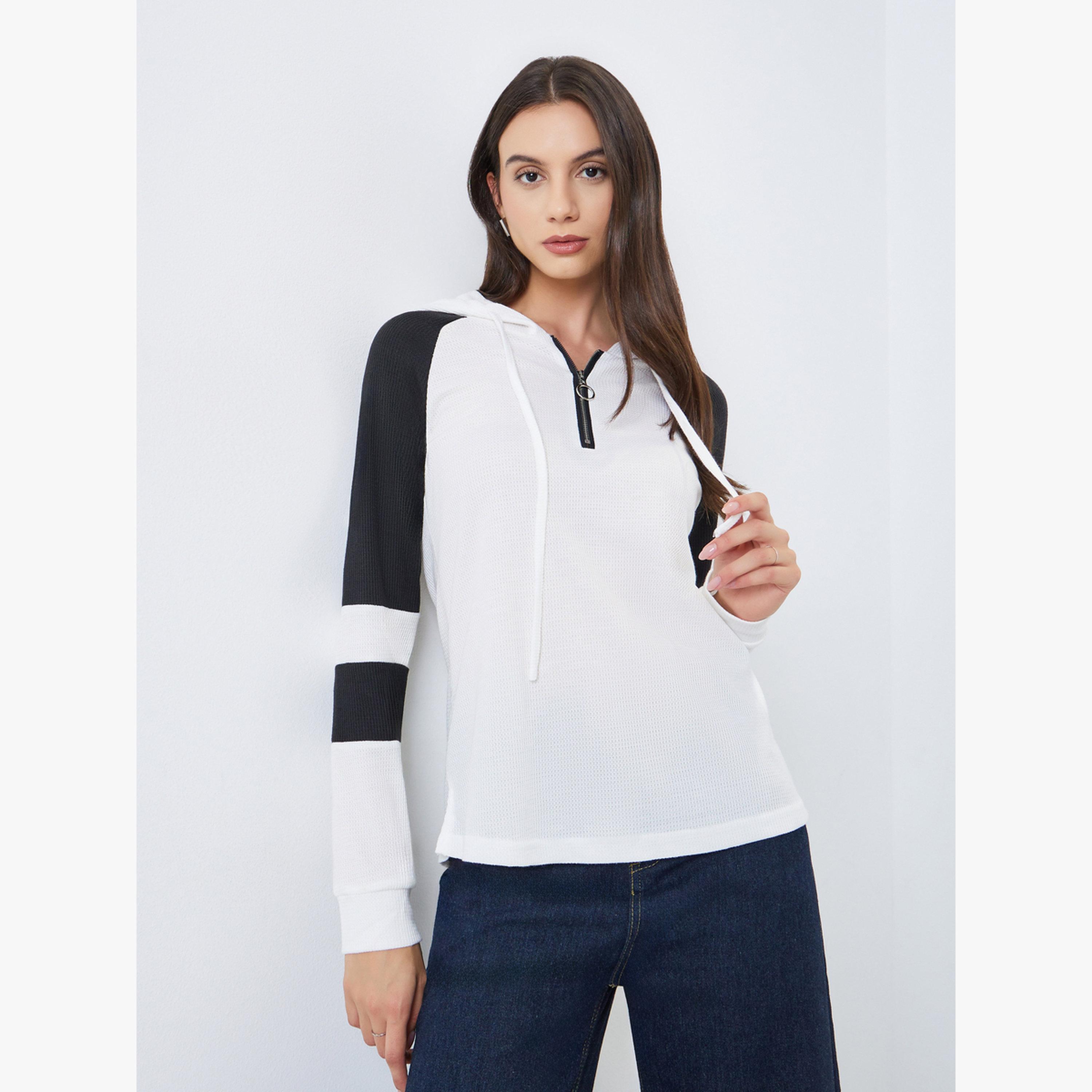 Take Two White Color Block Raglan Sleeve Hoodie-women-clothing-hoodiesandsweatshirts-hoodies-image-1