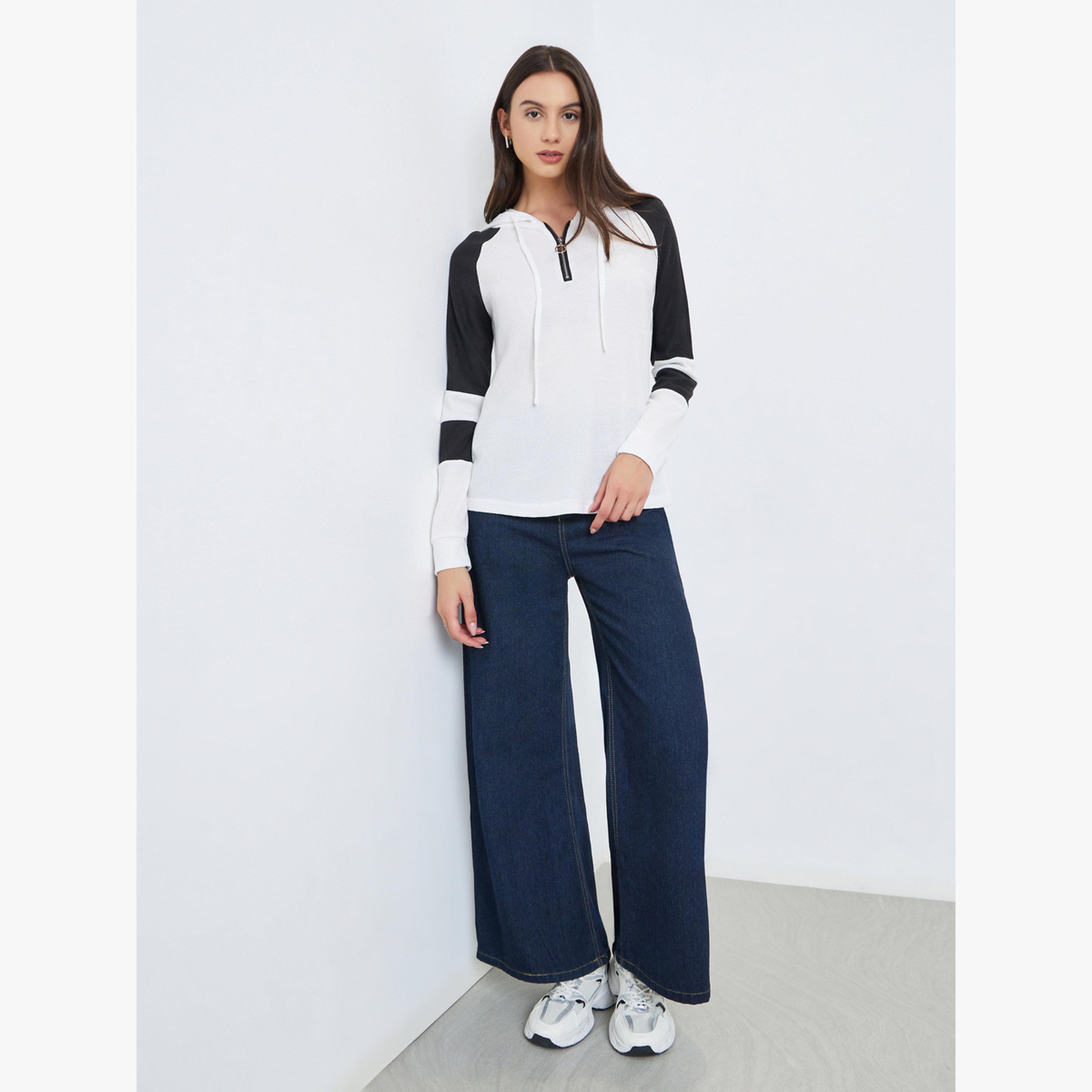 Take Two White Color Block Raglan Sleeve Hoodie-women-clothing-hoodiesandsweatshirts-hoodies-image-2