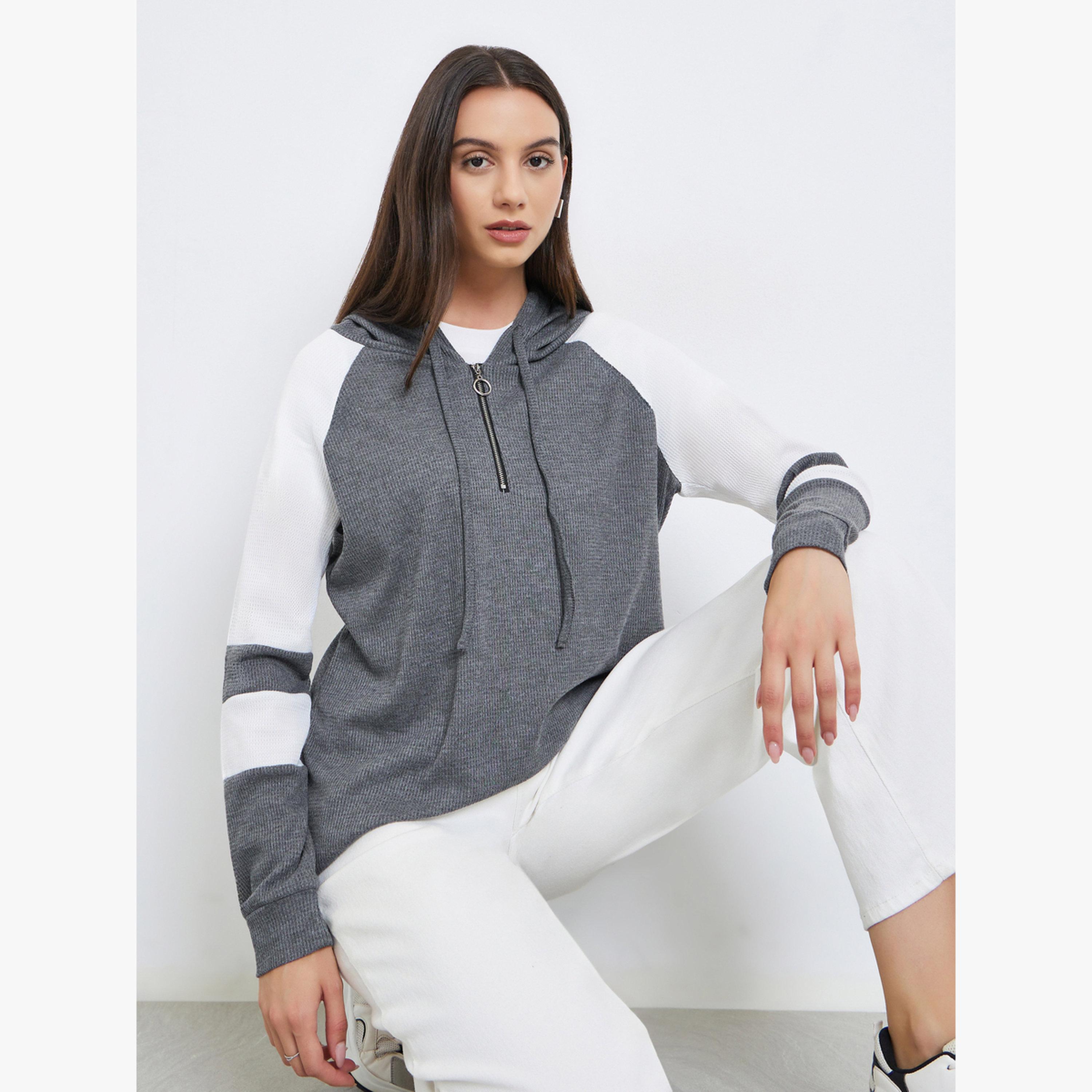 Take Two Grey Color Block Raglan Sleeve Hoodie-women-clothing-hoodiesandsweatshirts-hoodies-image-1