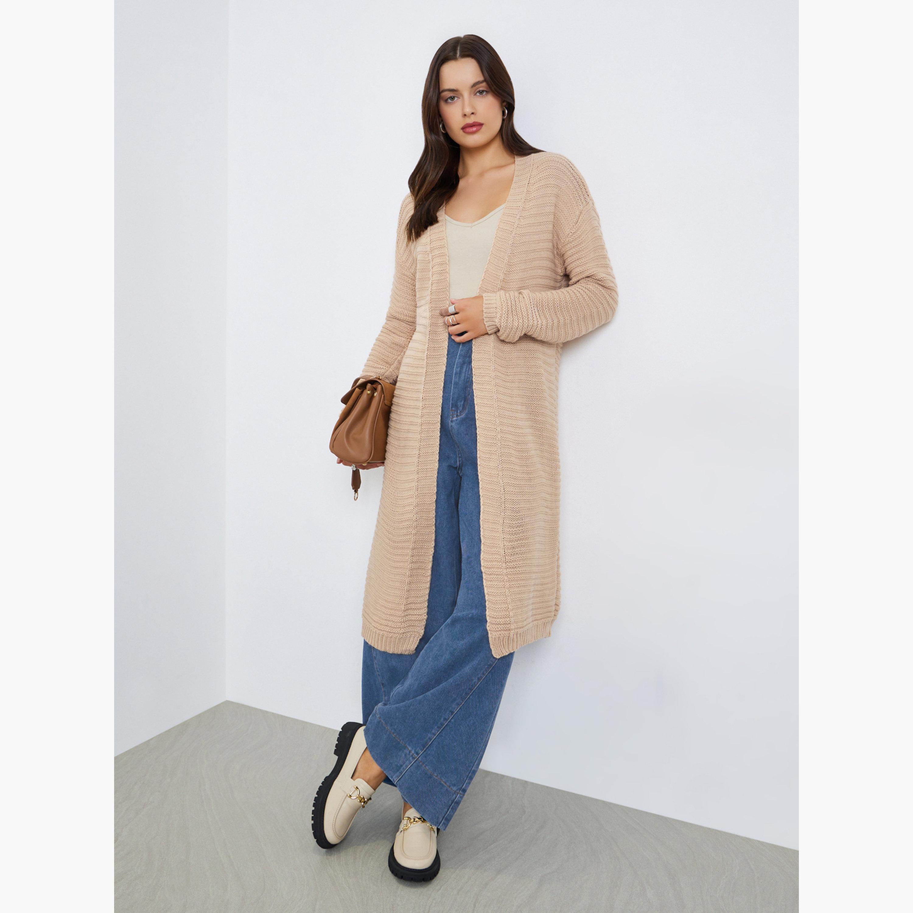 ستايلي - كارديغان نسائي مفتوح من الأمام بأكمام طويلة ومحبوك باللون البيج-women-winterwear-cardigansandjumpers-cardigans-image-2