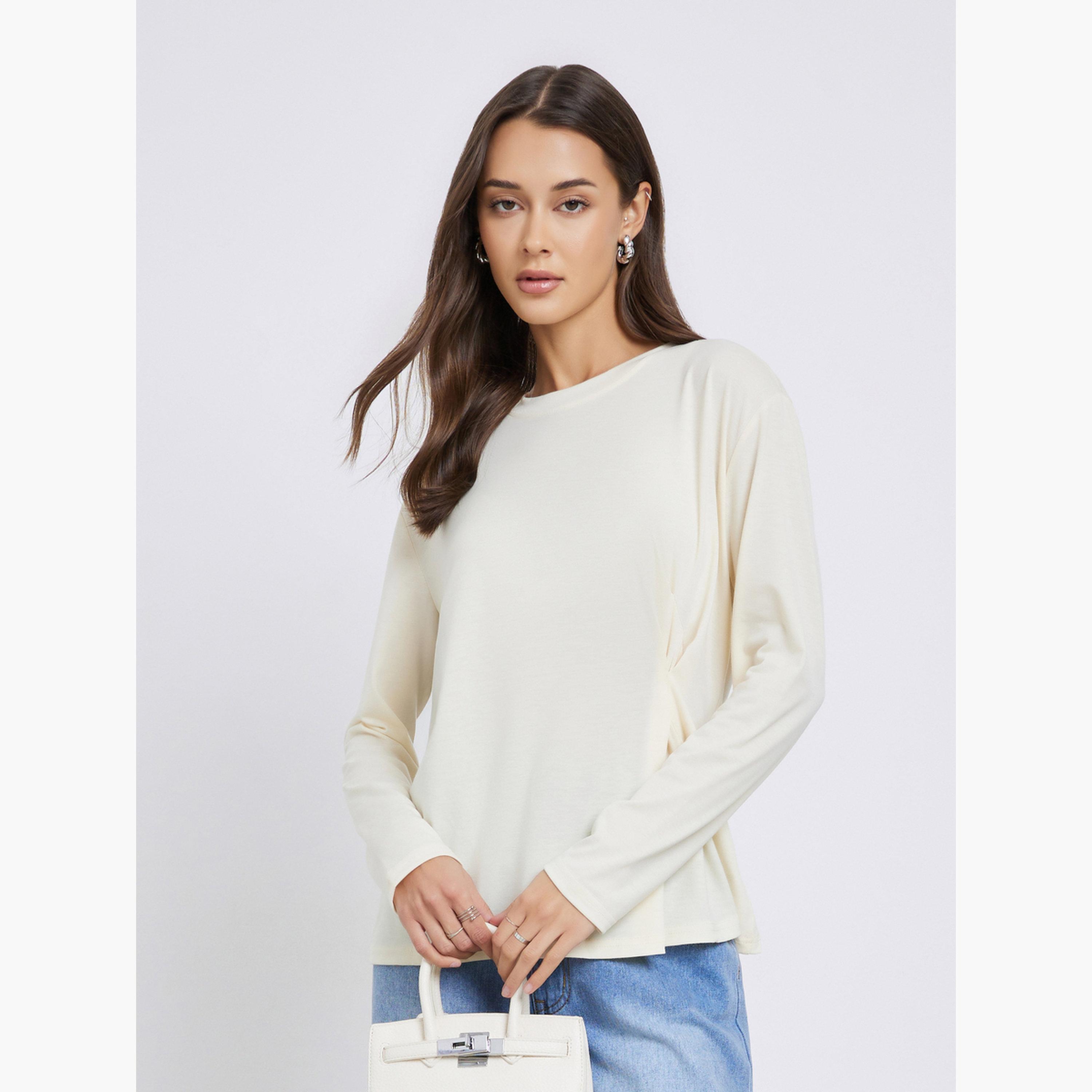 ستايلي - بلوزة محبوكة بأكمام طويلة ومطوية-women-clothing-shirtsandblouses-blouses-image-1