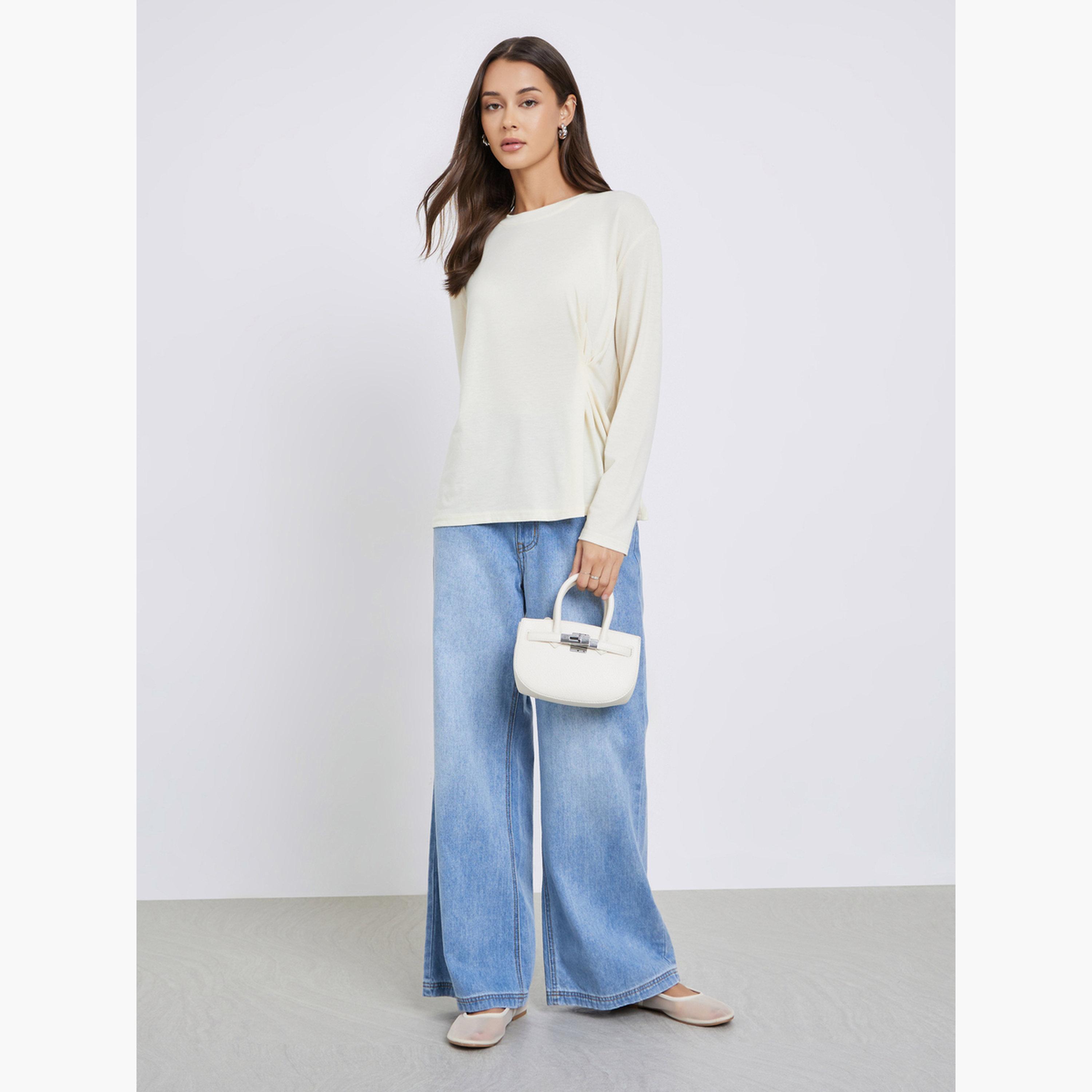 Styli Solid Pleated Long Sleeve Knit Top-women-clothing-shirtsandblouses-blouses-image-2