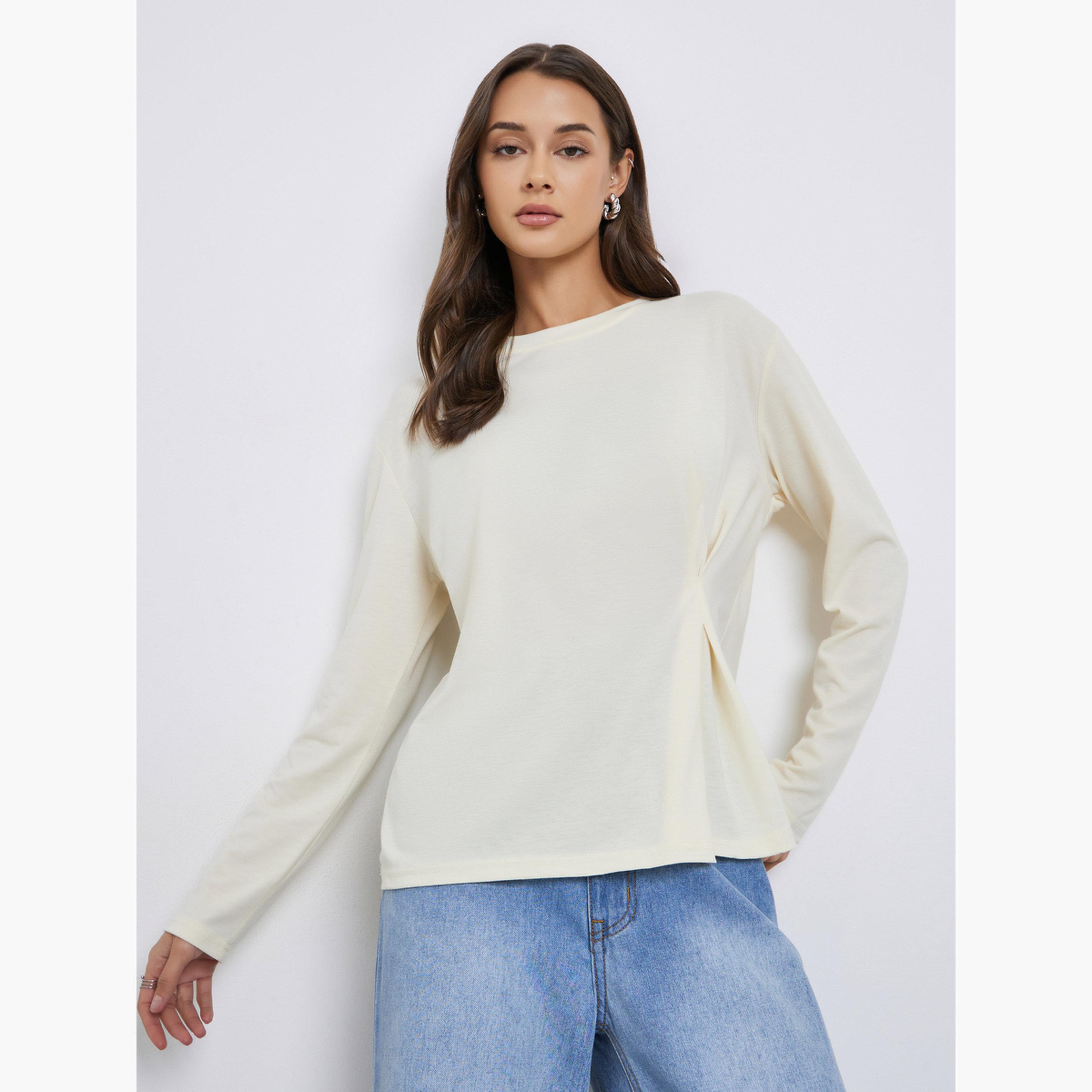Styli Solid Pleated Long Sleeve Knit Top-women-clothing-shirtsandblouses-blouses-image-3