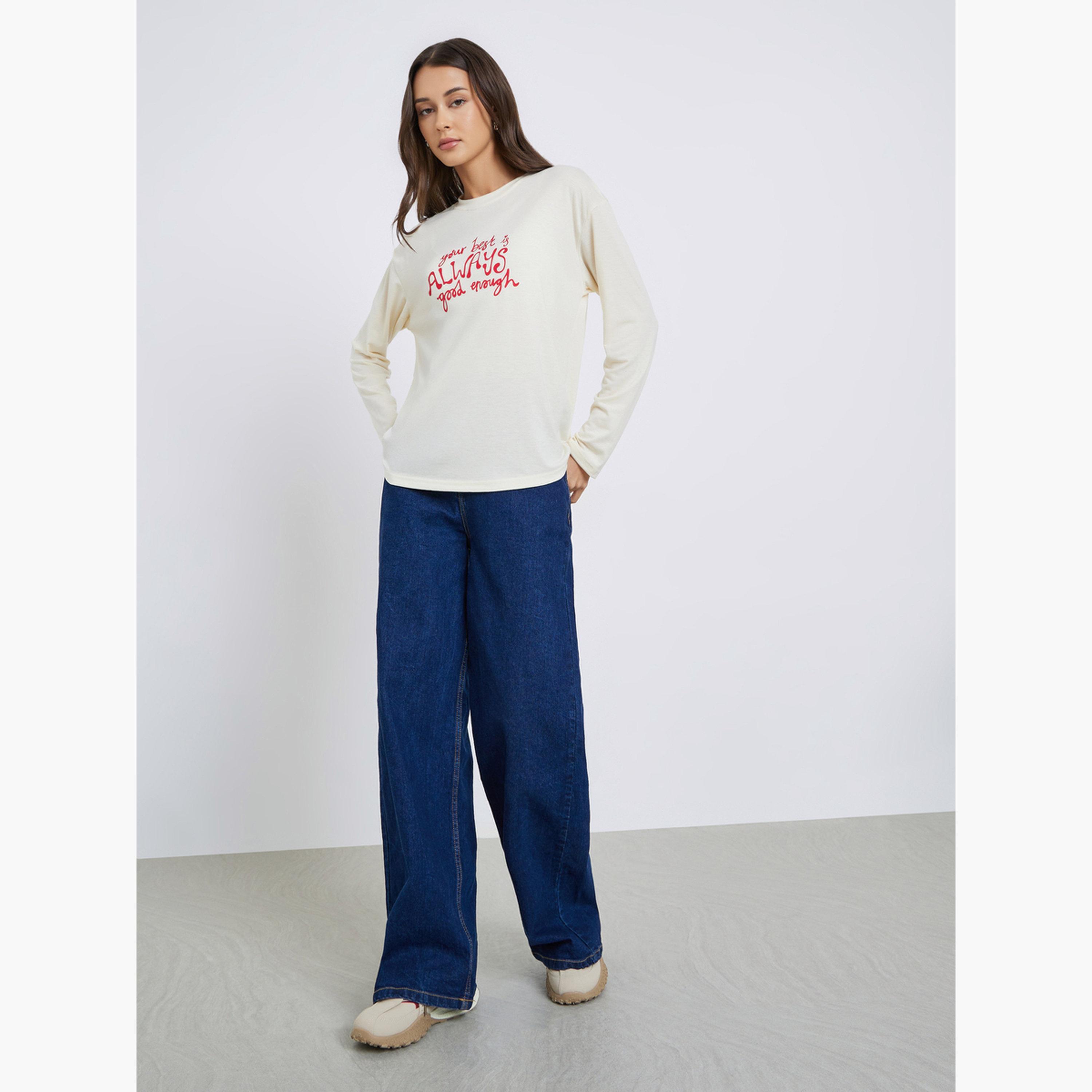 Styli Beige Slogan Print Oversized T-Shirt-women-clothing-tshirts-image-2
