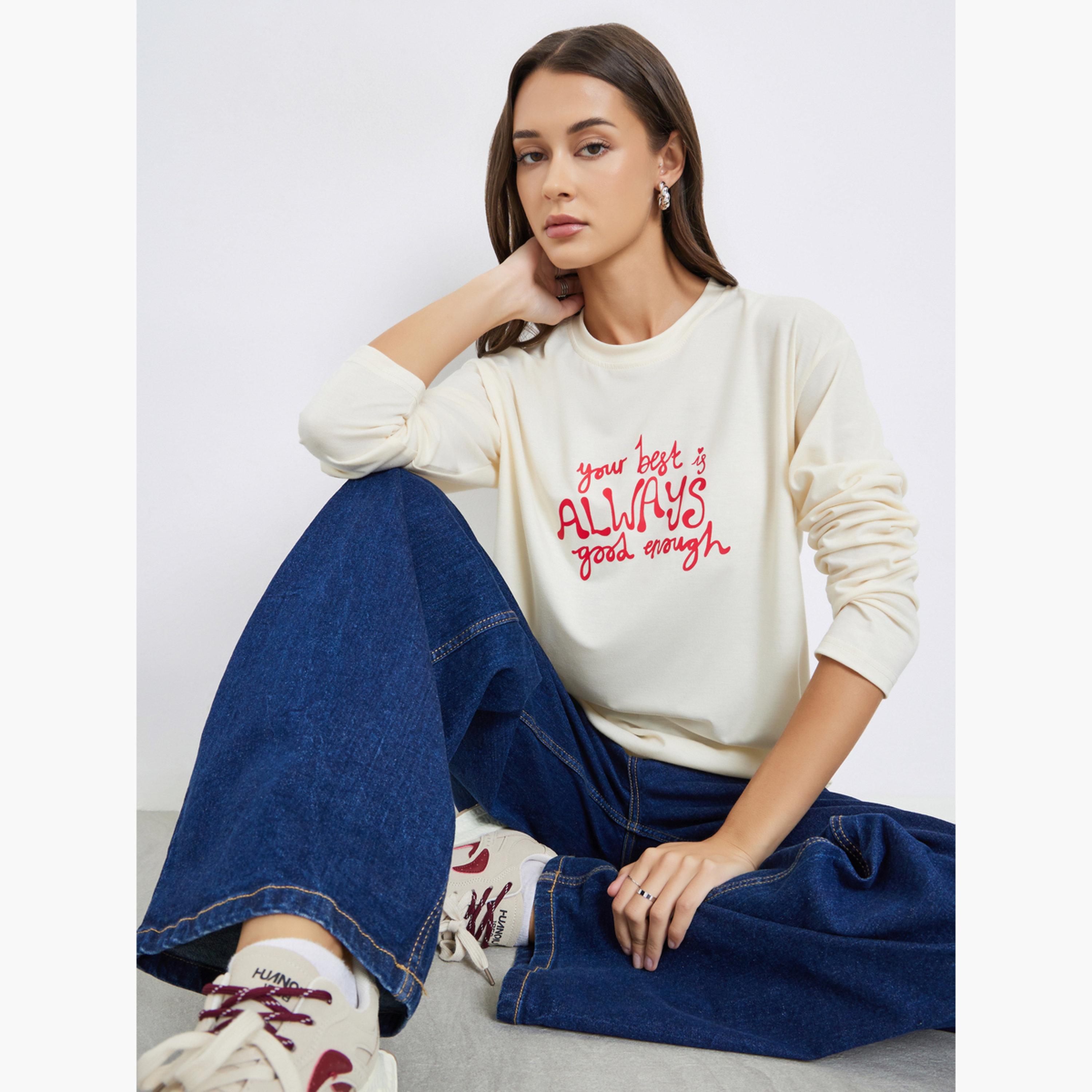 Styli Beige Slogan Print Oversized T-Shirt-women-clothing-tshirts-image-3