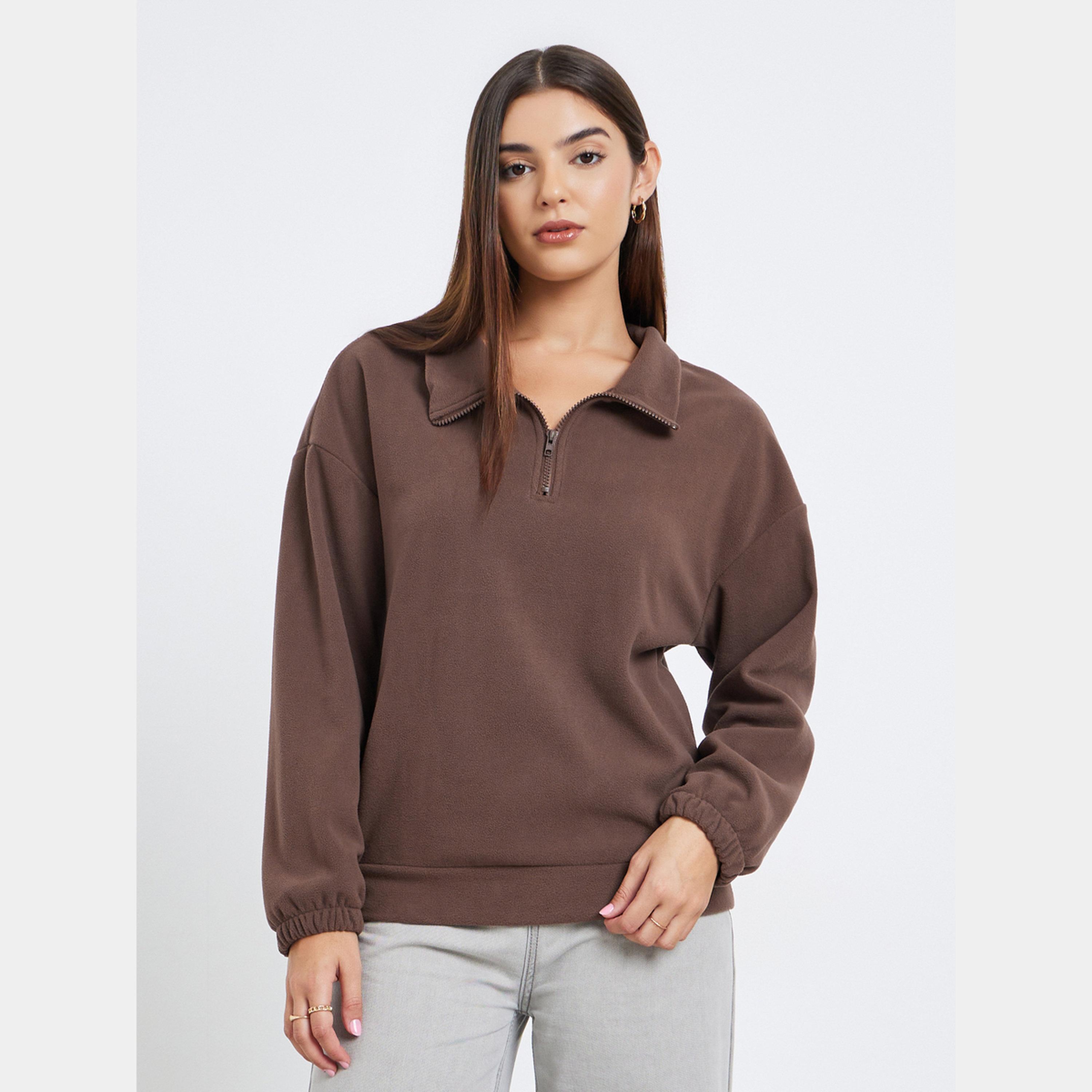 Styli Women Brown Solid Fleece Half-Zip Front Sweatshirt-women-winterwear-hoodiesandsweatshirts-sweatshirts-image-1