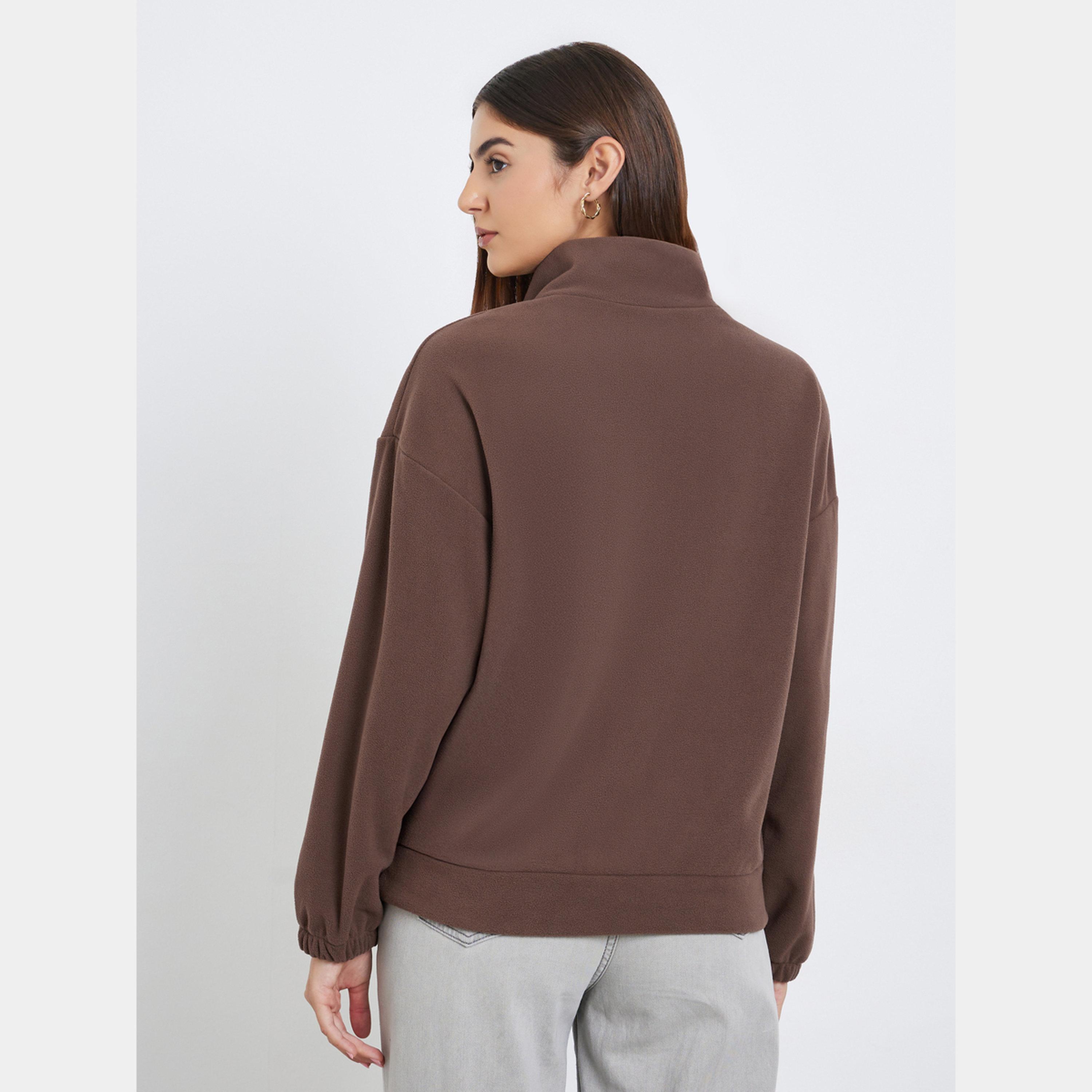 Styli Women Brown Solid Fleece Half-Zip Front Sweatshirt-women-winterwear-hoodiesandsweatshirts-sweatshirts-image-4