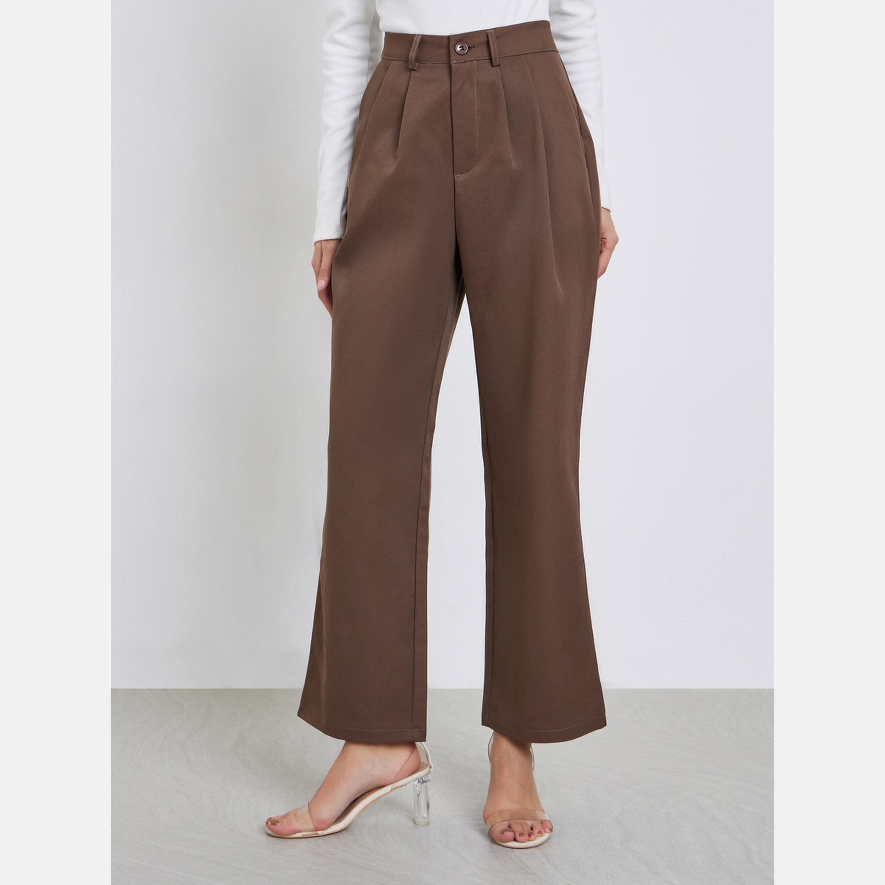 ستايلي - بنطال بني واسع الساق مع حلقات حزام-women-clothing-bottoms-trousers-image-1