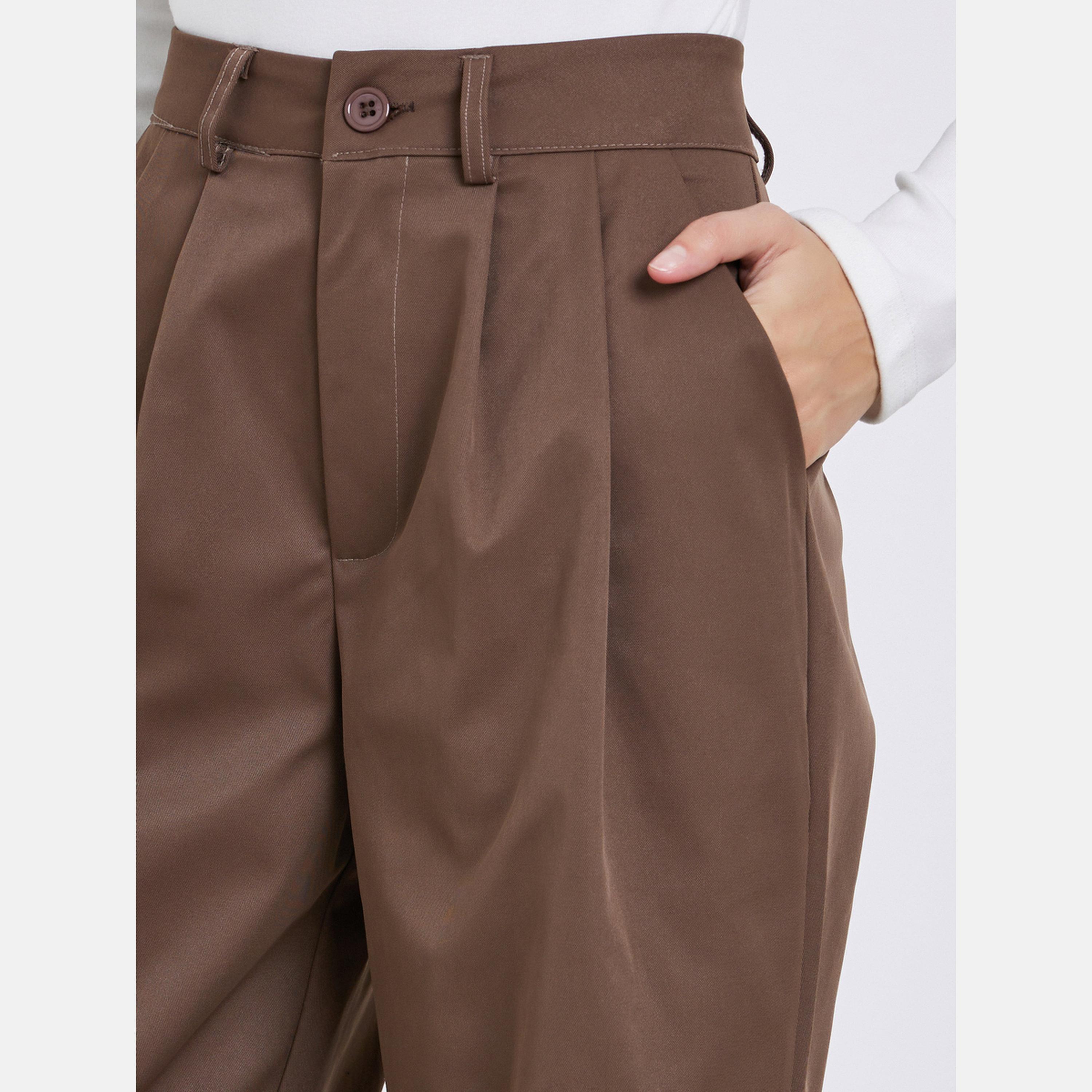Styli Brown Wide Leg Trousers with Belt Loops-women-clothing-bottoms-trousers-image-3