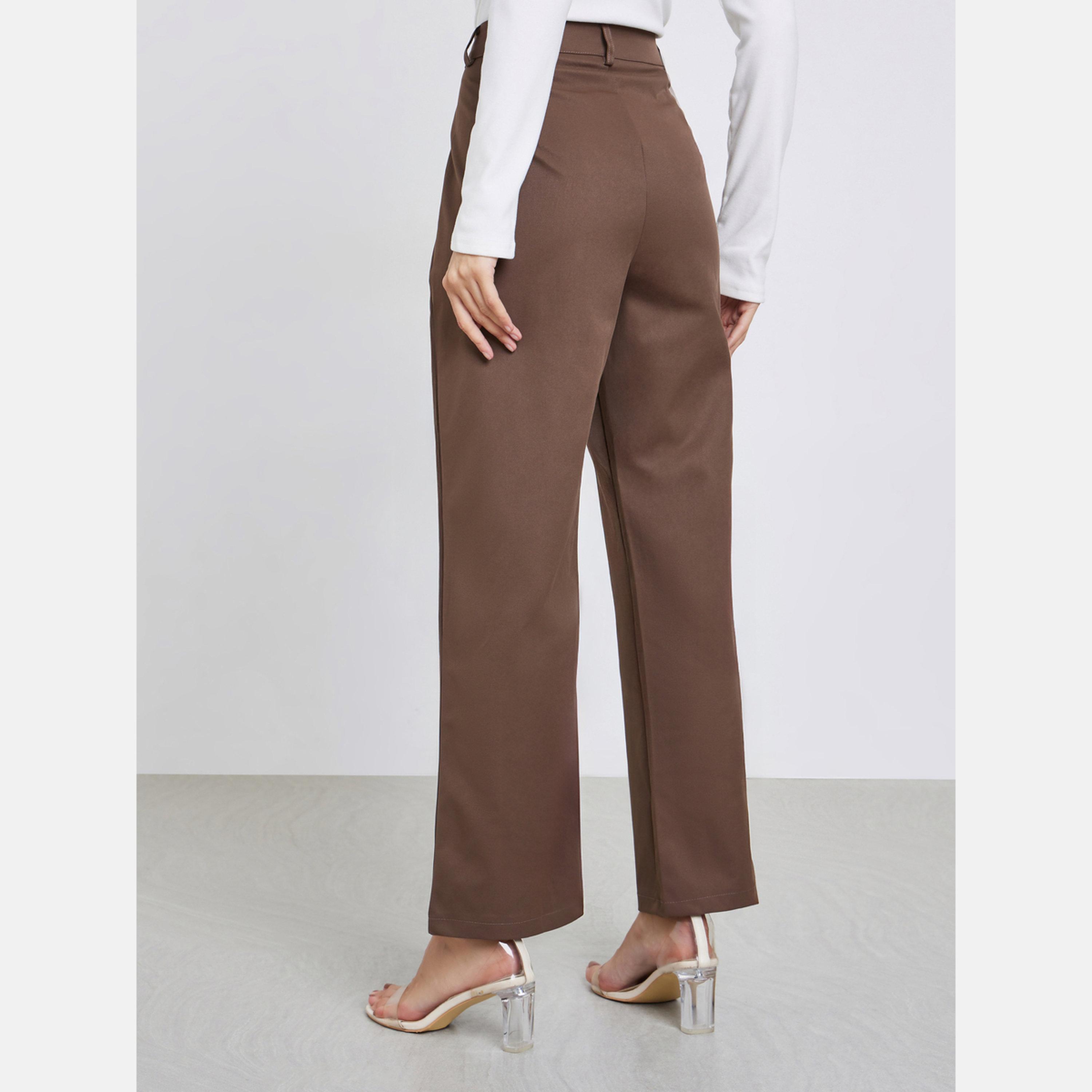 Styli Brown Wide Leg Trousers with Belt Loops-women-clothing-bottoms-trousers-image-4
