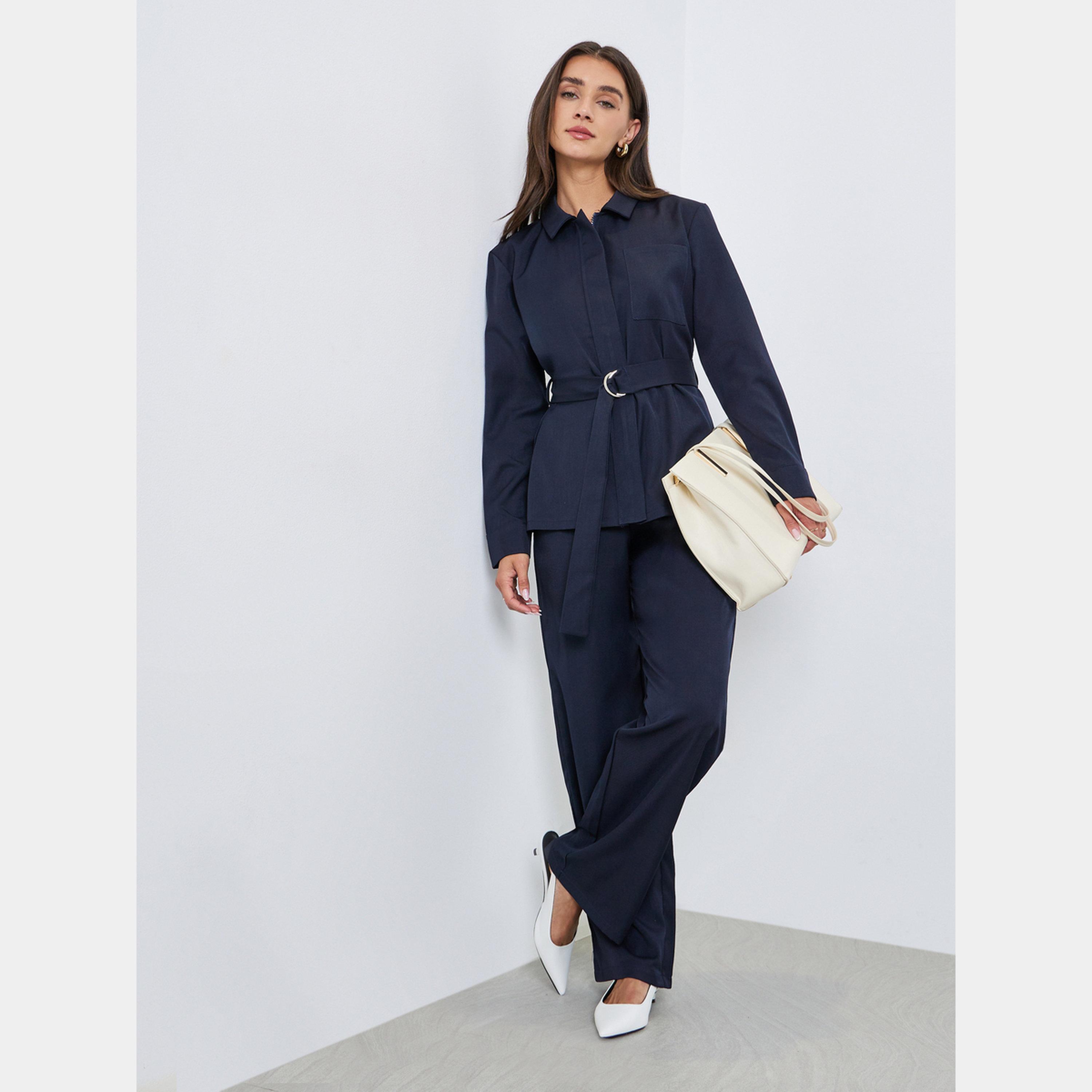 Styli Blue Belted Shirt and Wide Leg Pants Co-ords-women-clothing-coordsets-image-1