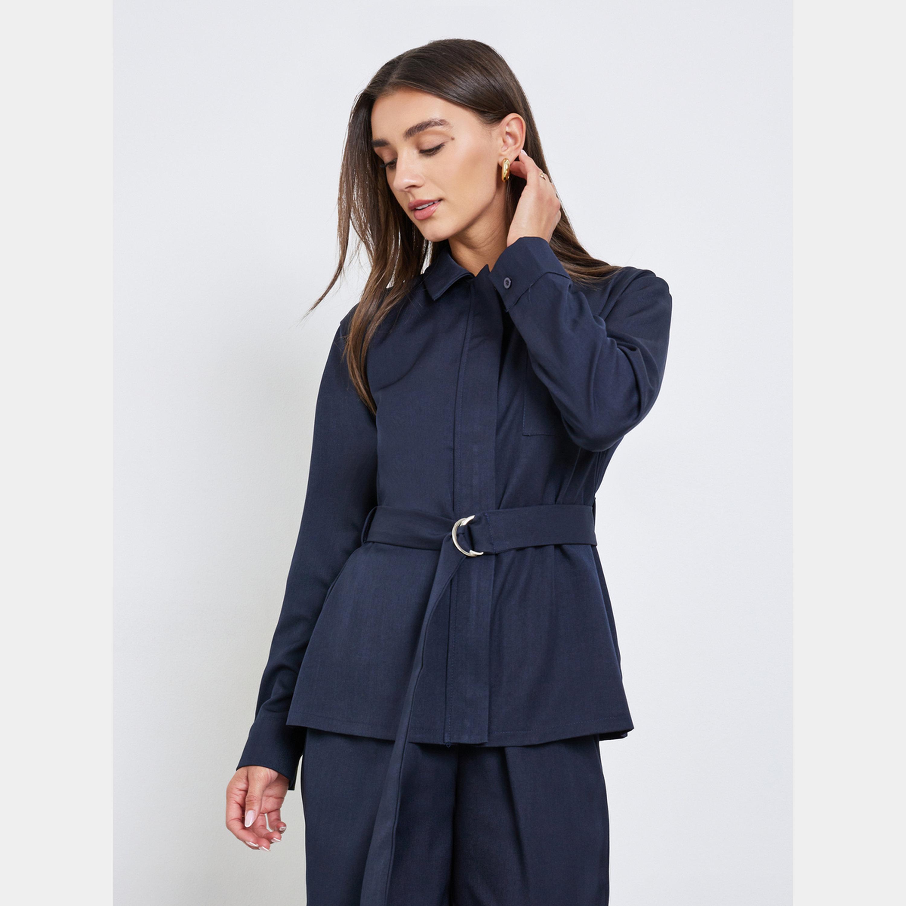 ستايلي - قميص أزرق بحزام وبنطال واسع الساق-women-clothing-coordsets-image-2