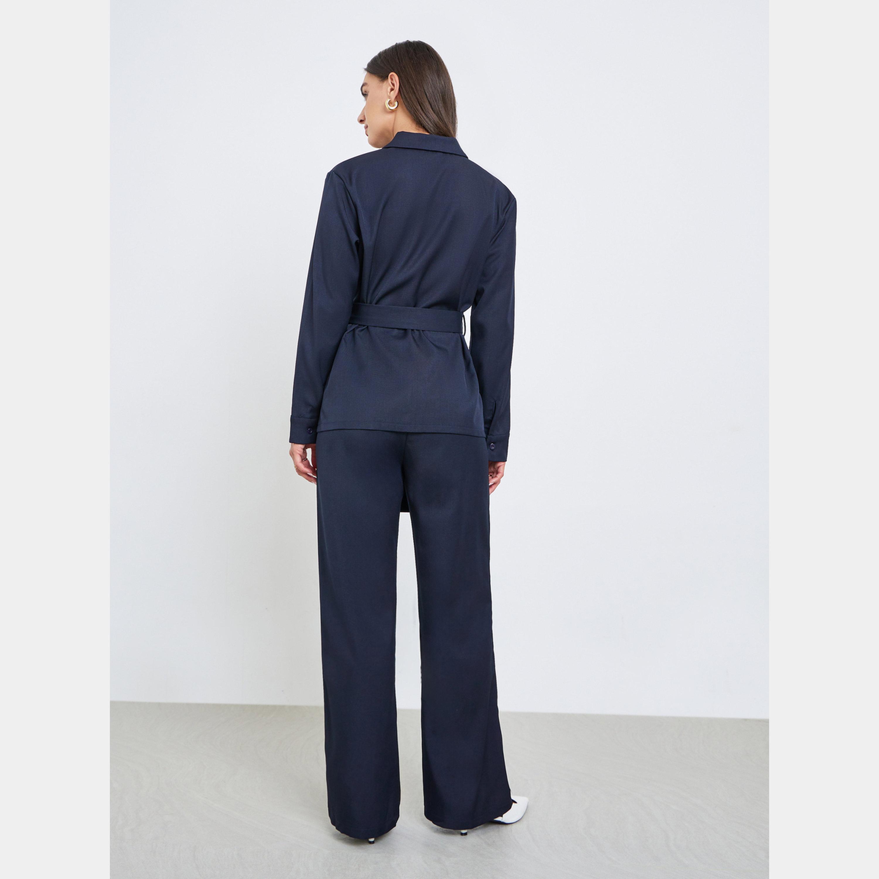 Styli Blue Belted Shirt and Wide Leg Pants Co-ords-women-clothing-coordsets-image-5