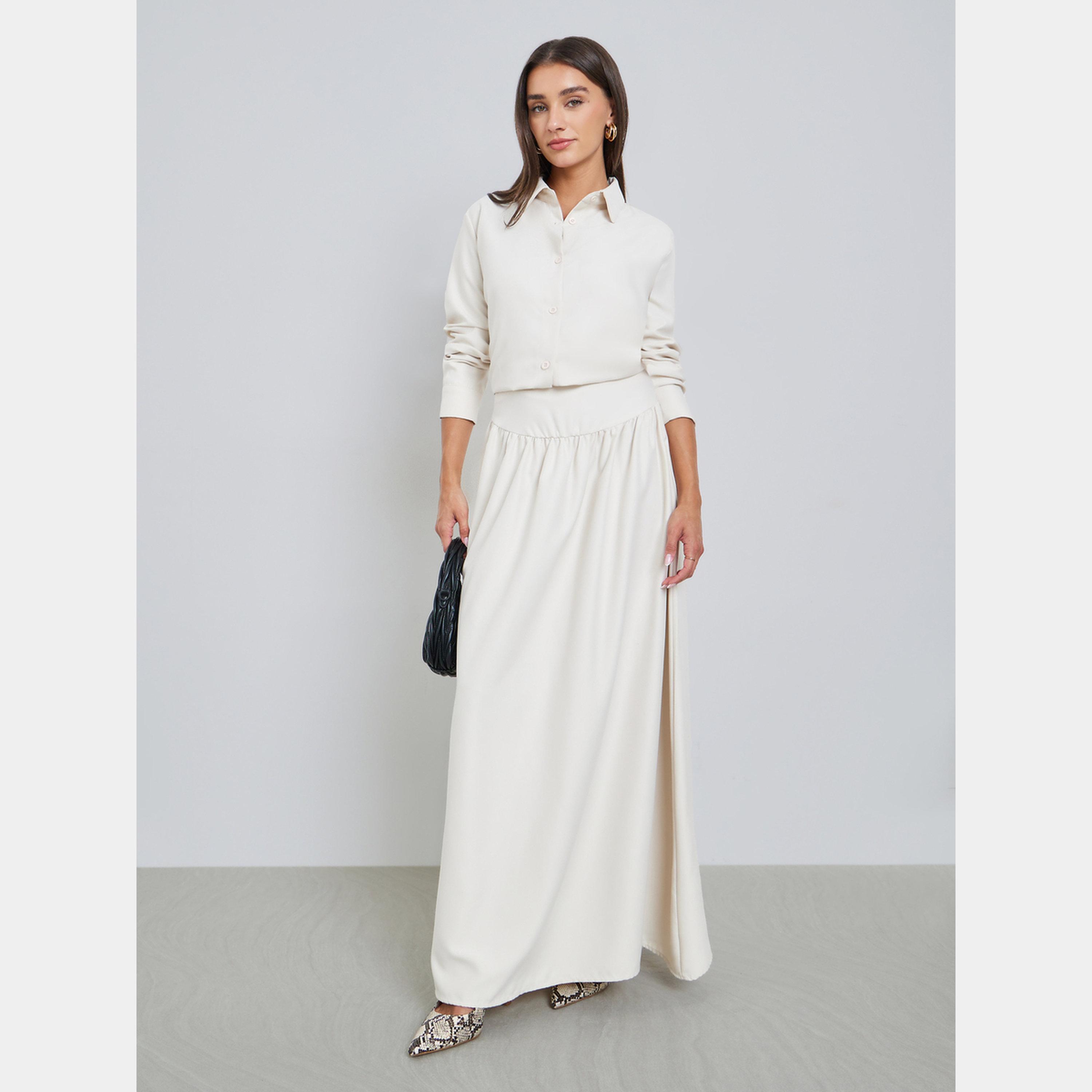 Styli Off White Solid Shirt and Maxi Skirt Co-ords-women-clothing-coordsets-image-1
