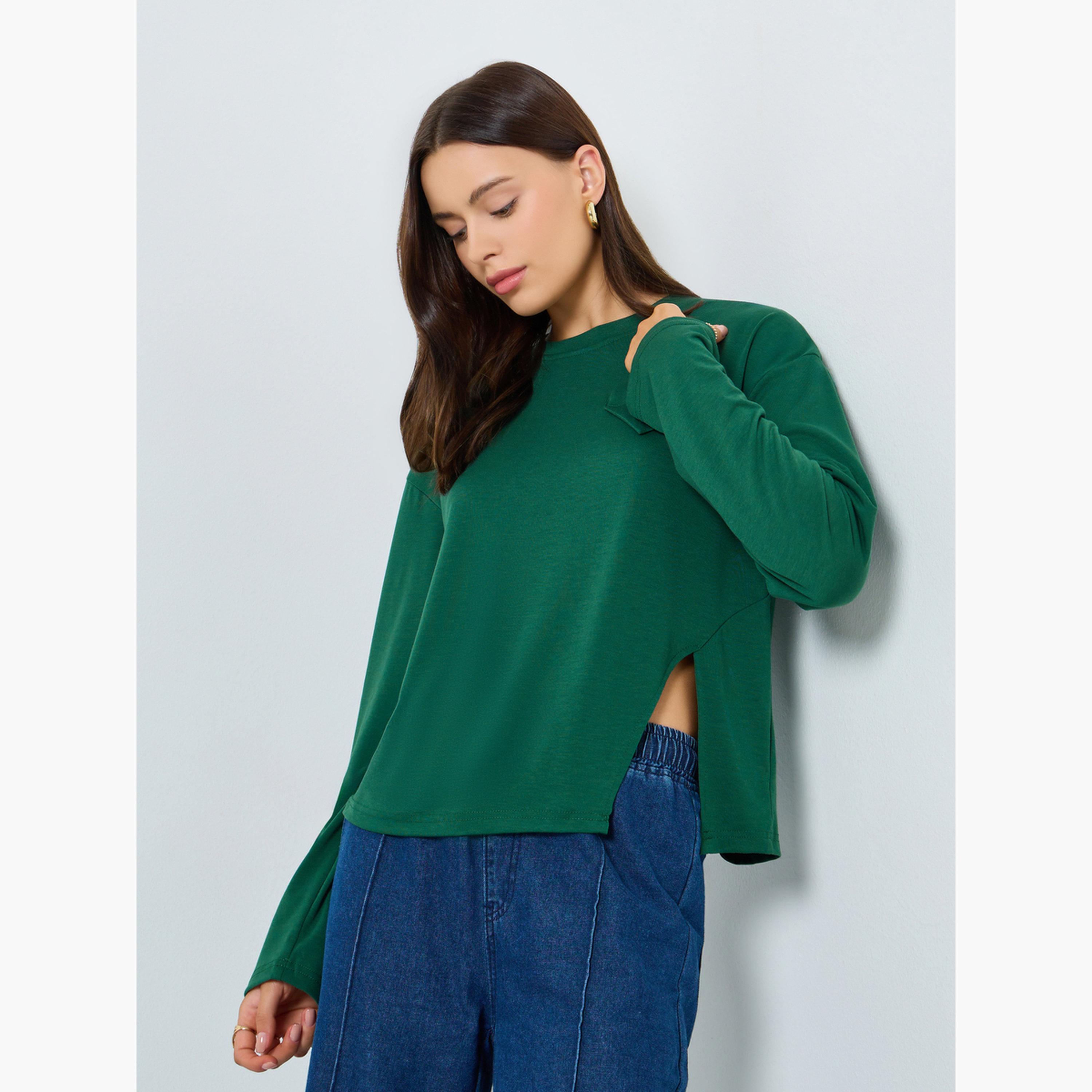 Styli Green Oversized Long Sleeve Side Slit T-Shirt-women-clothing-tshirts-image-1