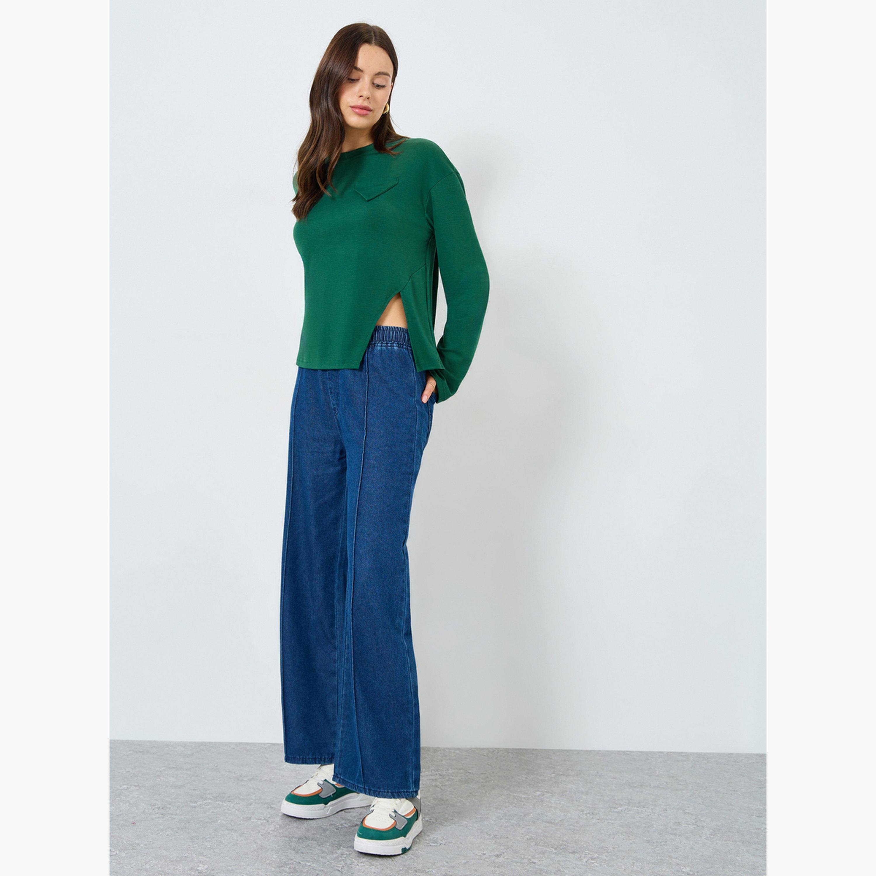ستايلي - تي شيرت أخضر مقاس واسع بأكمام طويلة وفتحة جانبية-women-clothing-tshirts-image-2