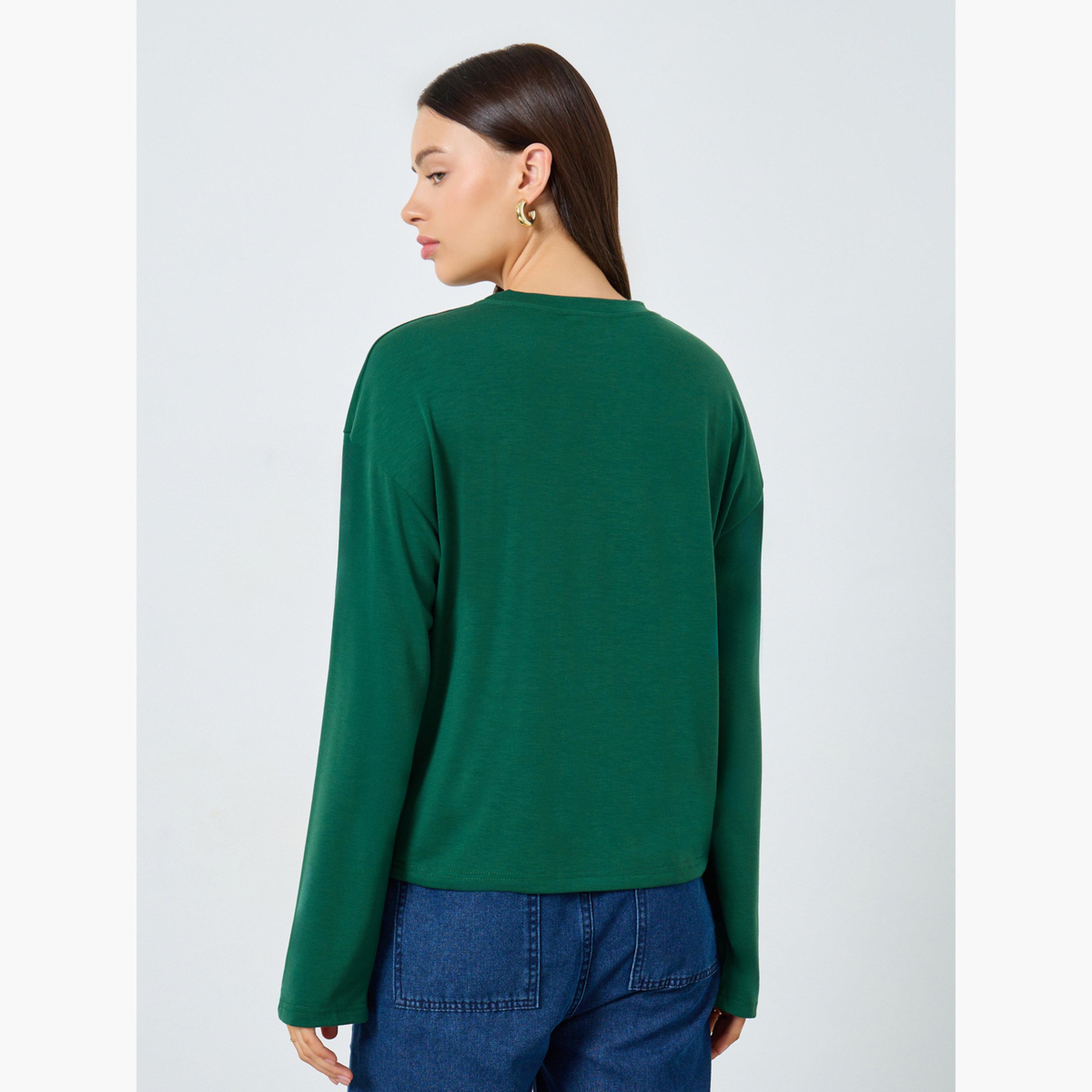 Styli Green Oversized Long Sleeve Side Slit T-Shirt-women-clothing-tshirts-image-4
