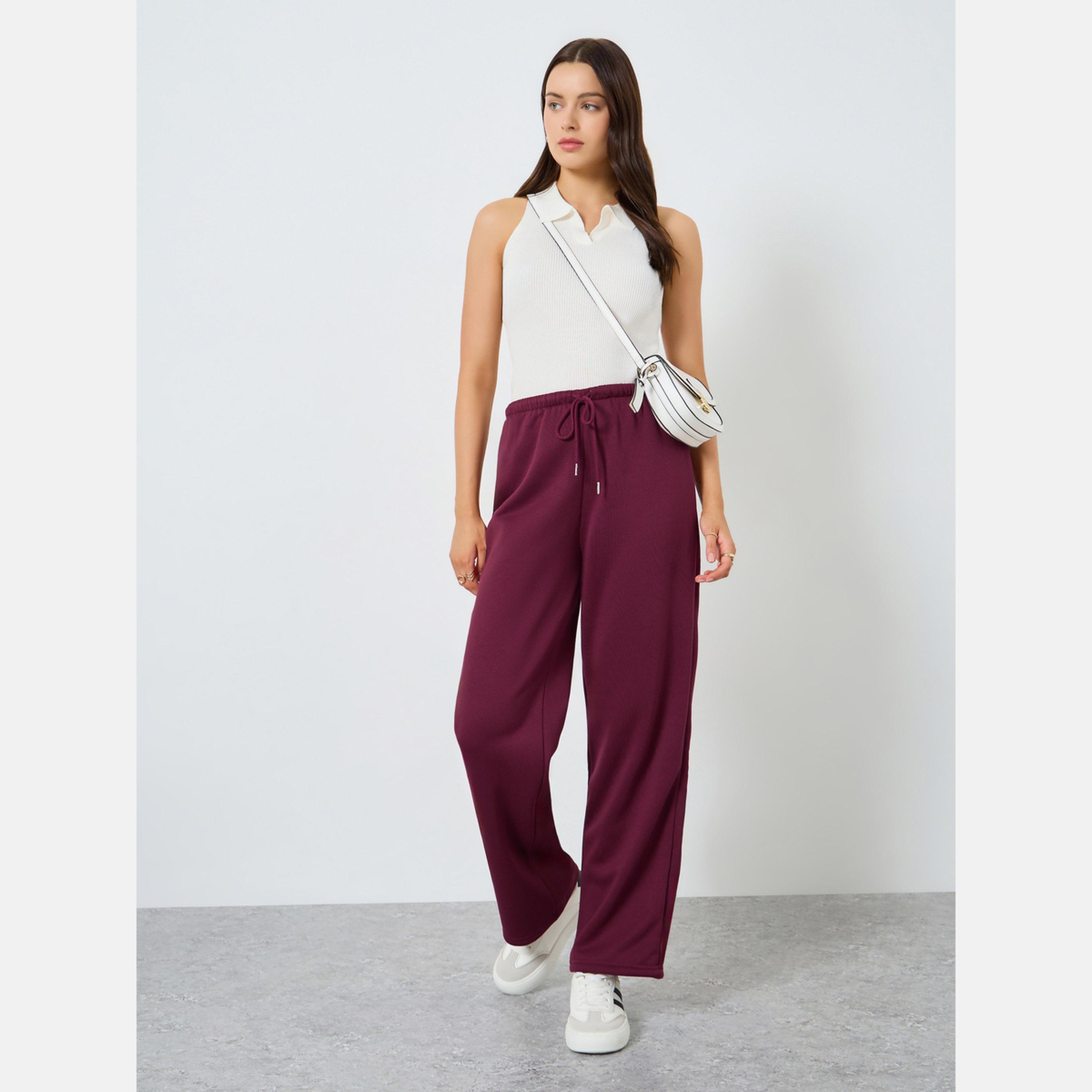 Styli Burgundy Wide Leg Knit Joggers-women-clothing-bottoms-joggers-image-2