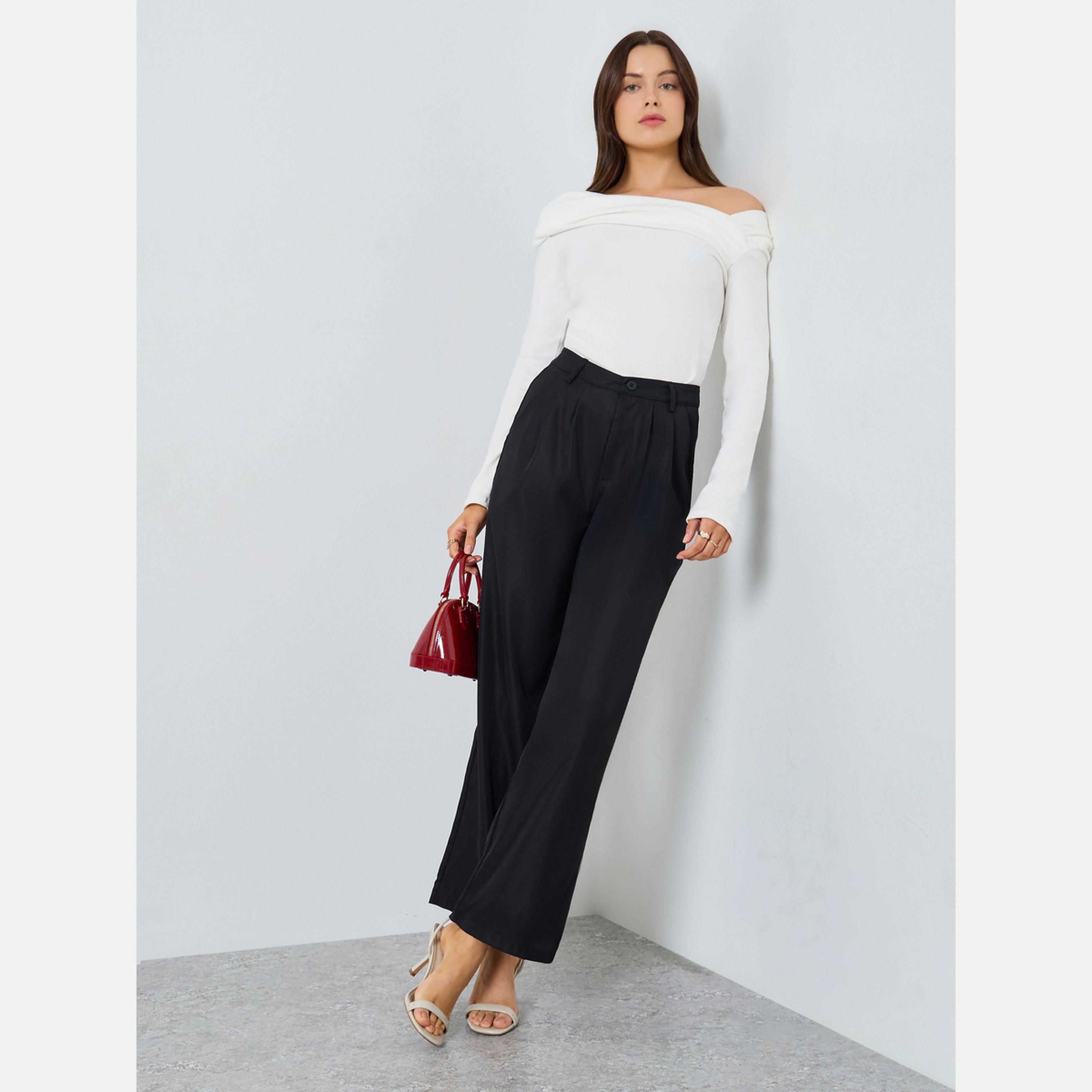ستايلي - بنطال أسود واسع الساق مع جيوب-women-clothing-bottoms-trousers-image-2