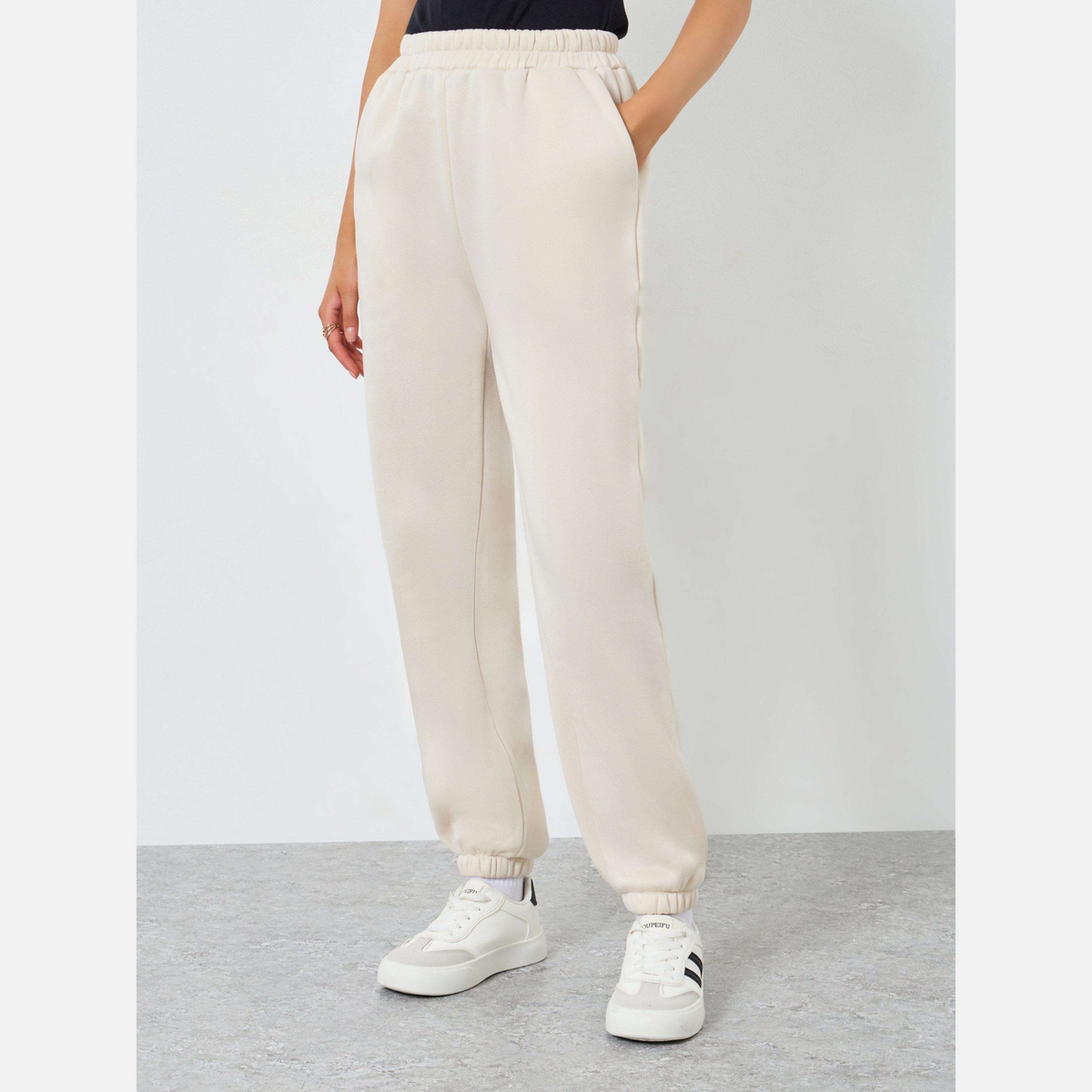 Styli Beige Solid Elastic Waist Cuffed Joggers-women-clothing-bottoms-joggers-image-1