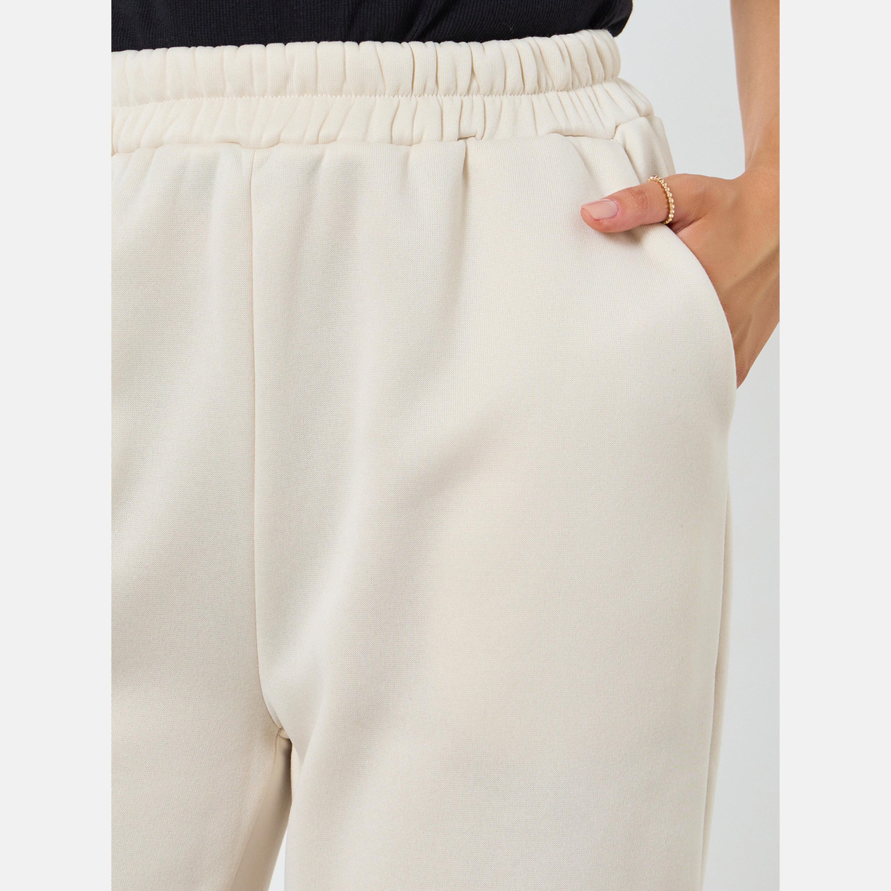 Styli Beige Solid Elastic Waist Cuffed Joggers-women-clothing-bottoms-joggers-image-3
