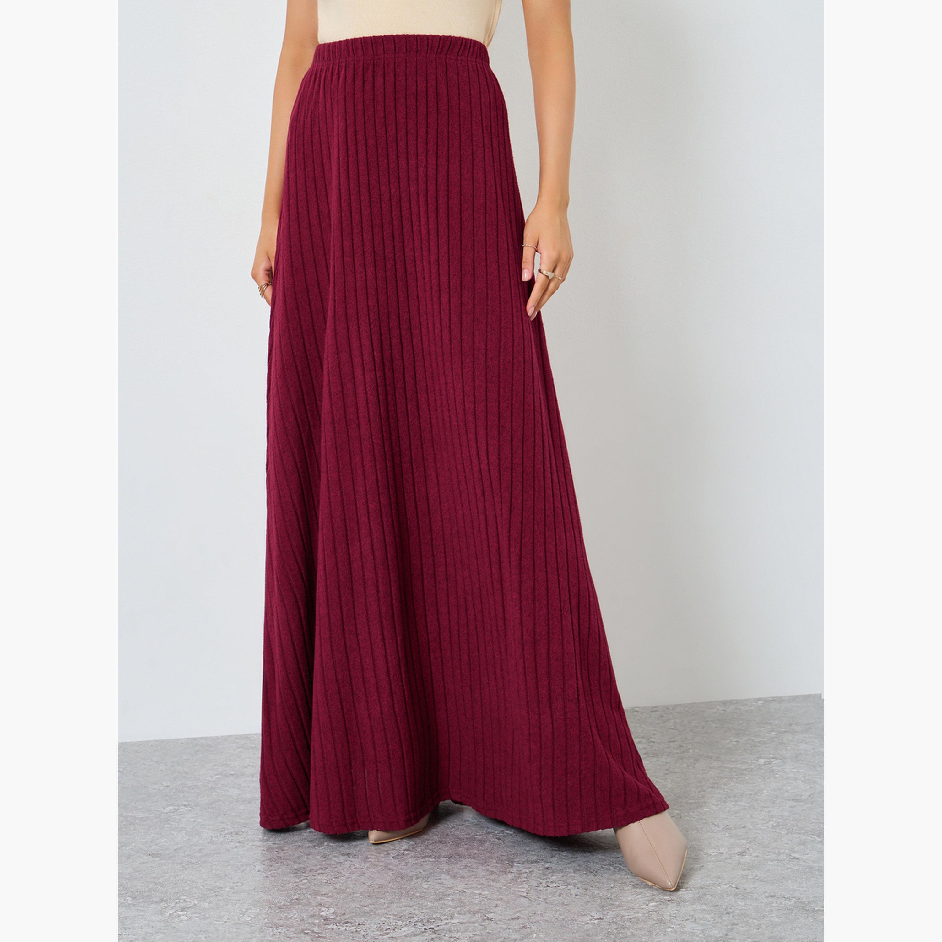 Styli Burgundy Solid Textured Knit Pleated Midi Skirt-women-clothing-bottoms-skirts-image-1