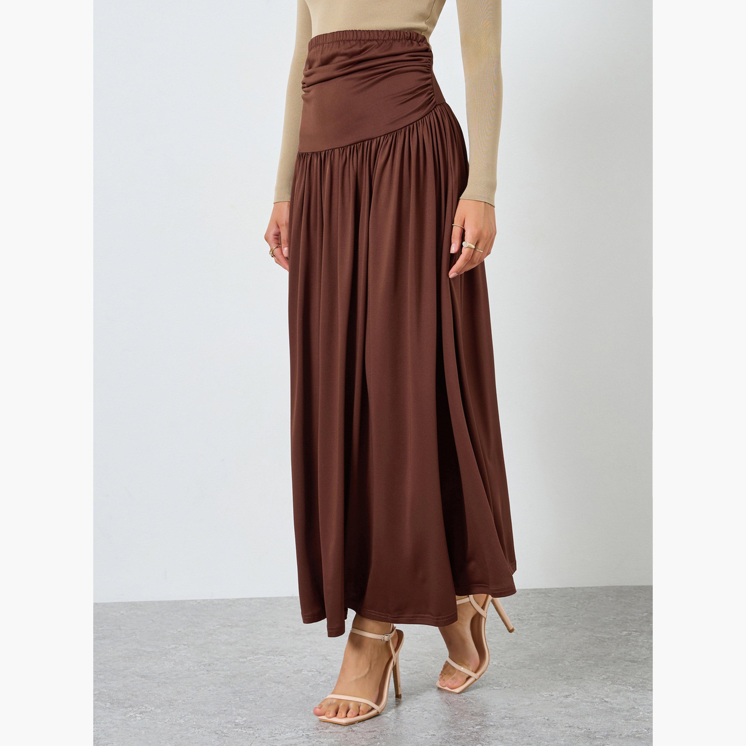 Styli Brown Solid A-Line Pleated Knit Maxi Skirt-women-clothing-bottoms-skirts-image-1