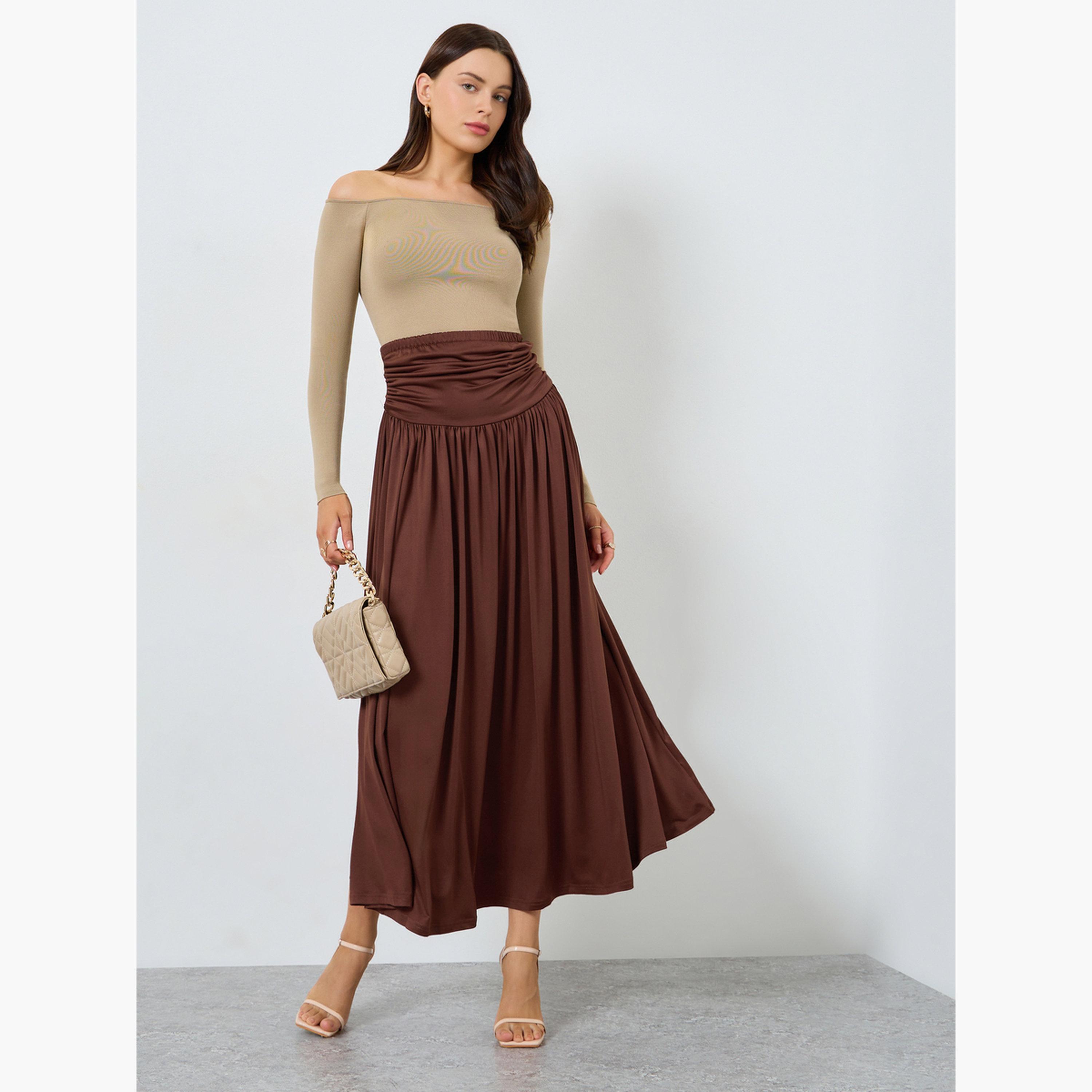 ستايلي - تنورة ماكسي بنية سادة تصميم A ومطوية-women-clothing-skirts-image-2