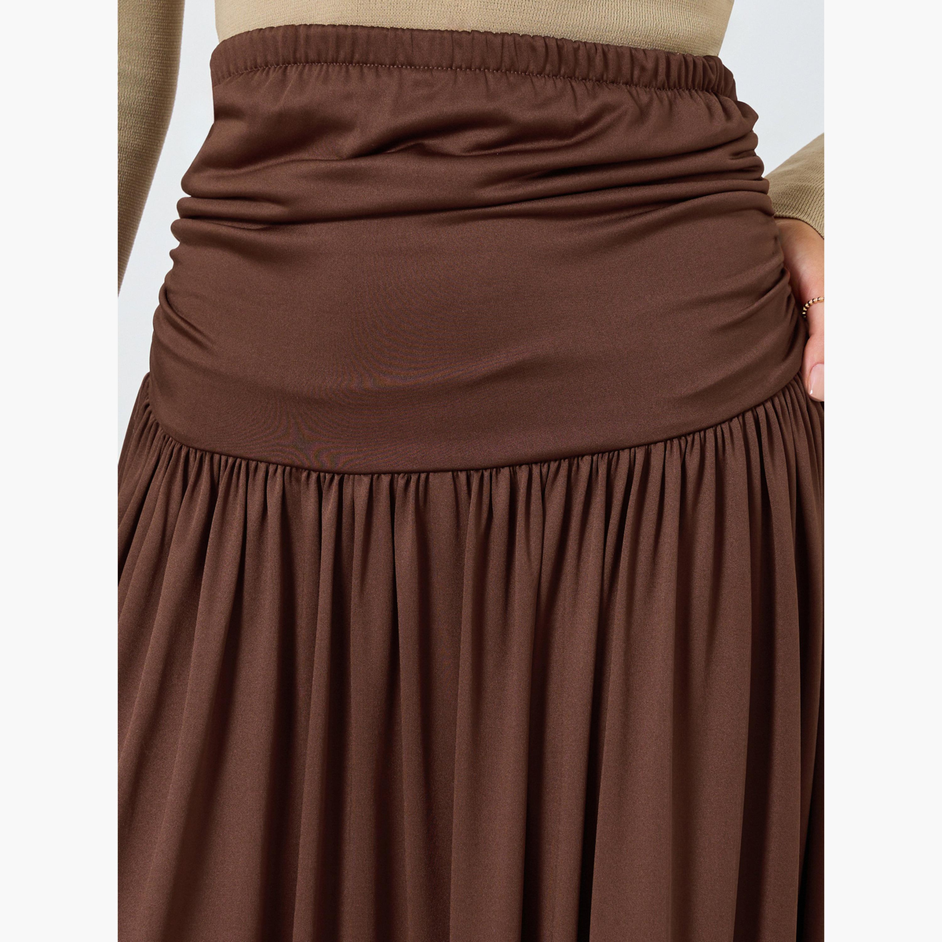 ستايلي - تنورة ماكسي بنية سادة تصميم A ومطوية-women-clothing-skirts-image-3