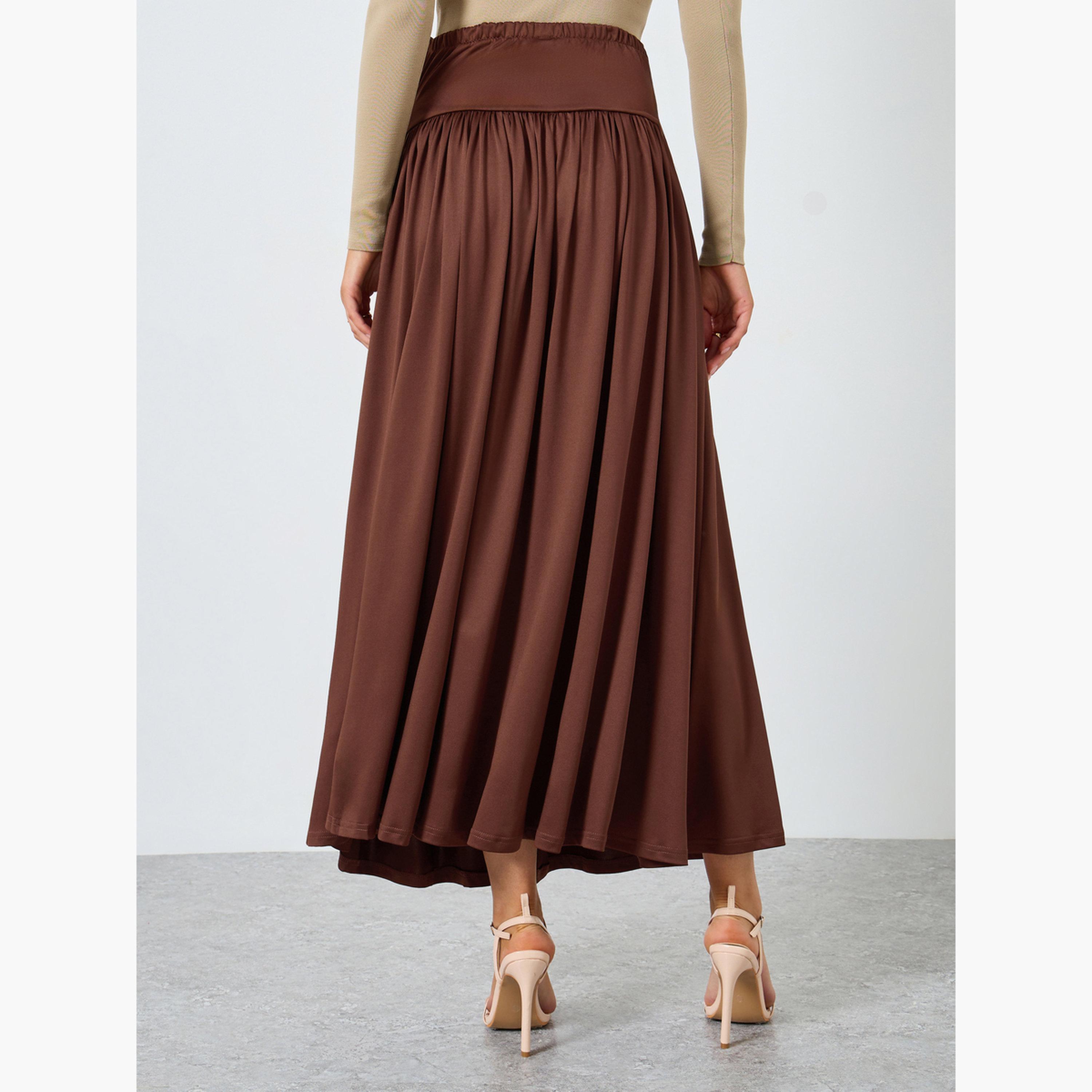 ستايلي - تنورة ماكسي بنية سادة تصميم A ومطوية-women-clothing-skirts-image-4