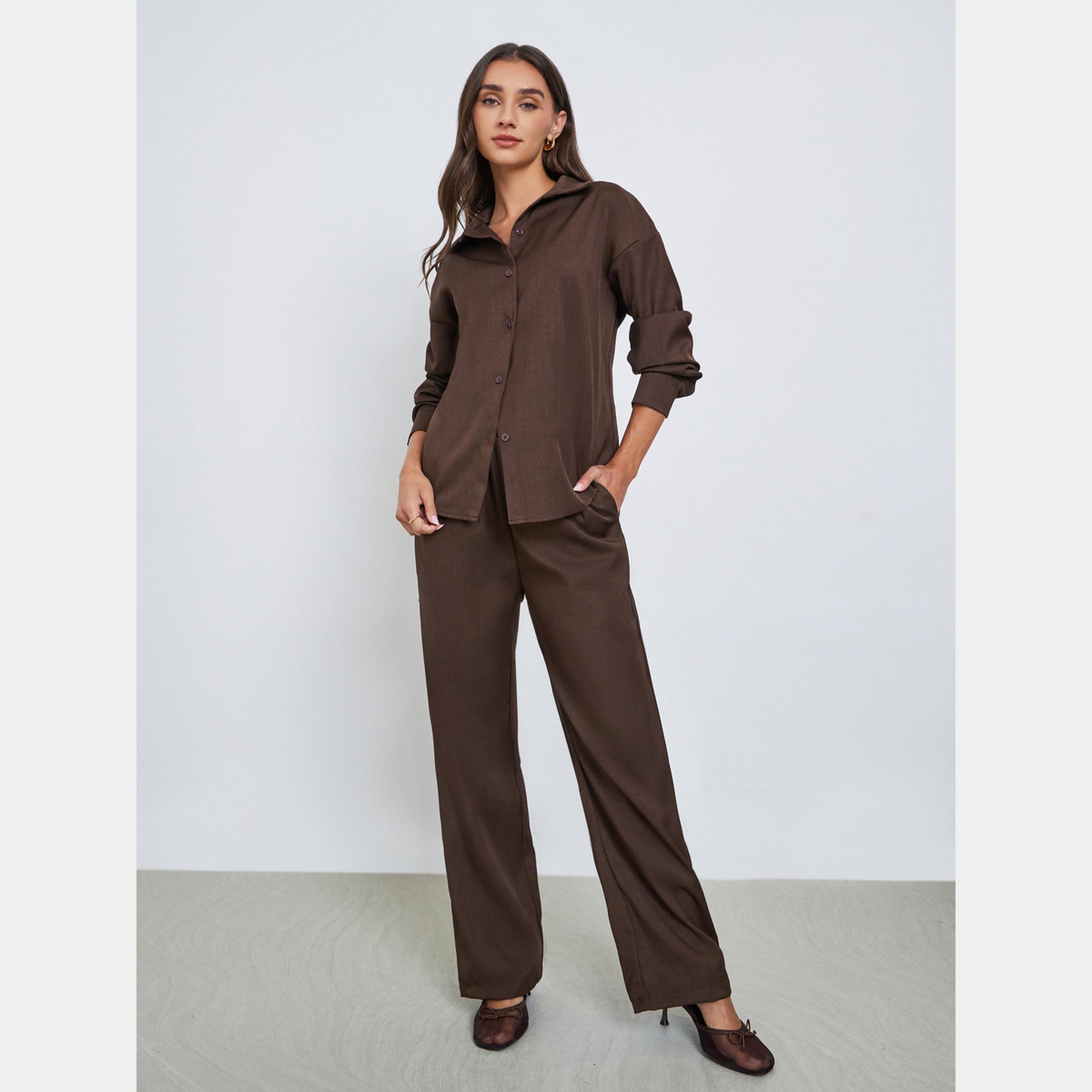 Styli Brown Relaxed Fit Shirt and Pants Co-ords-women-clothing-coordsets-image-1