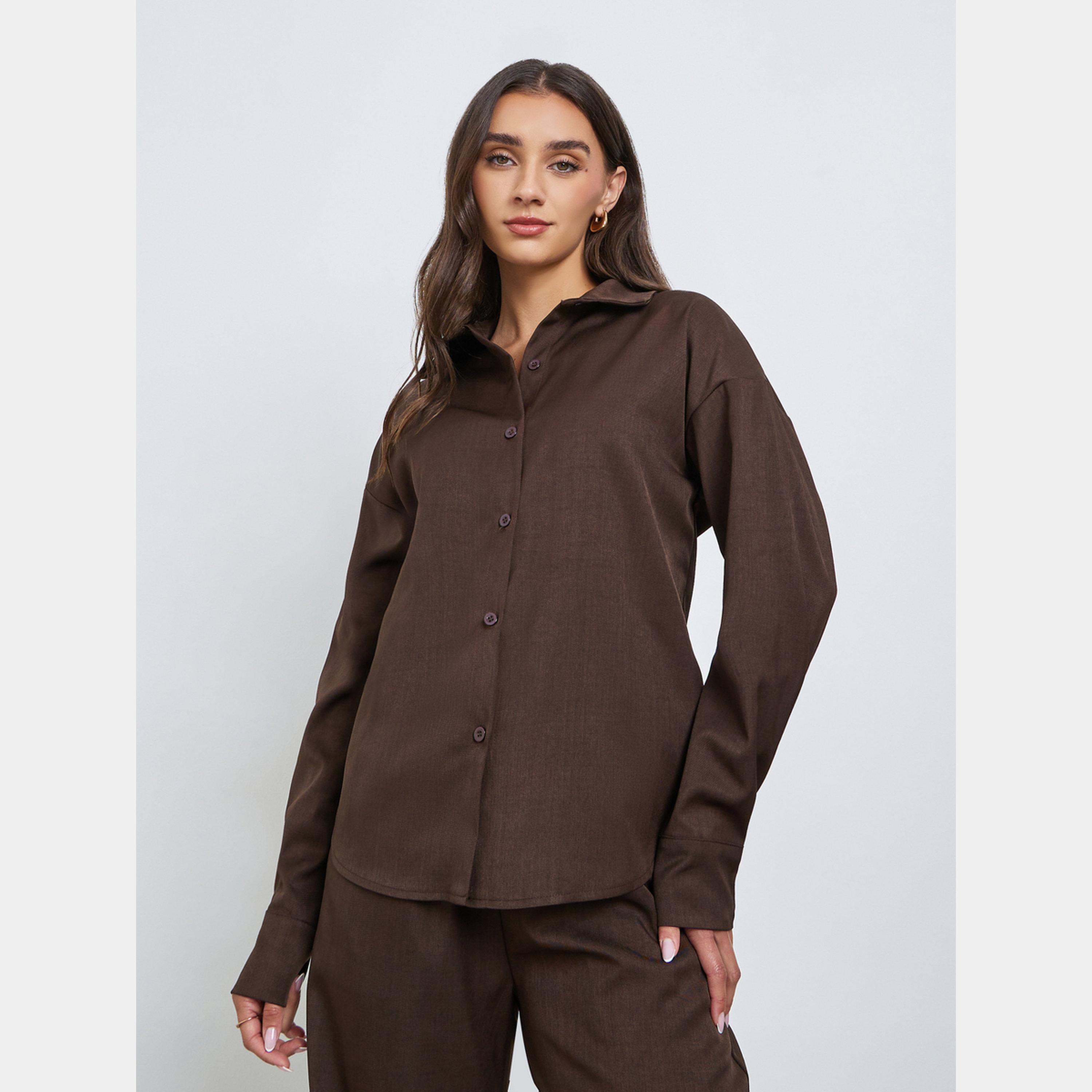 Styli Brown Relaxed Fit Shirt and Pants Co-ords-women-clothing-coordsets-image-2