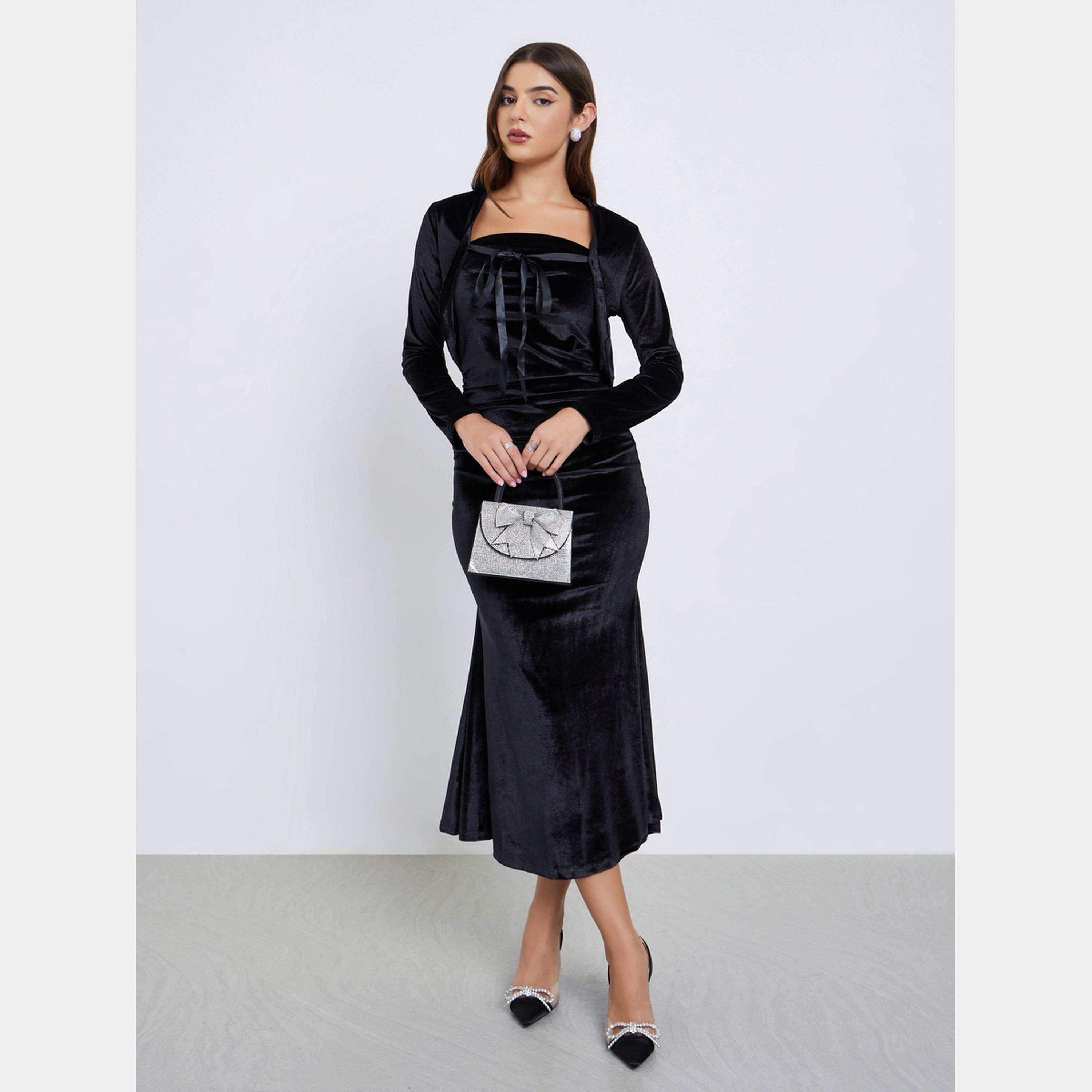 Styli Black Velvet Look Strapless Women's Midi Dress with Bolero Set-women-clothing-dresses-image-1