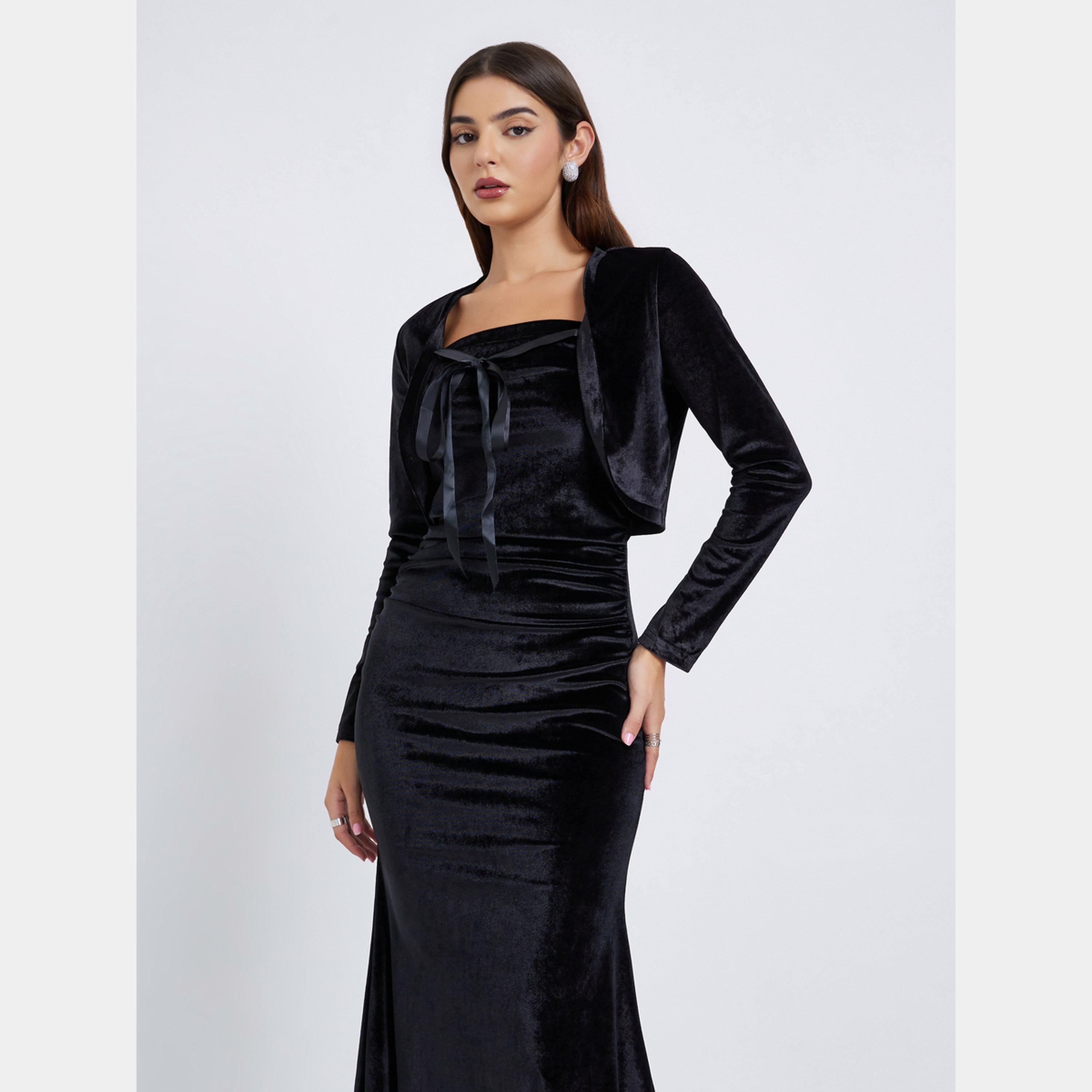 Styli Black Velvet Look Strapless Women's Midi Dress with Bolero Set-women-clothing-dresses-image-2